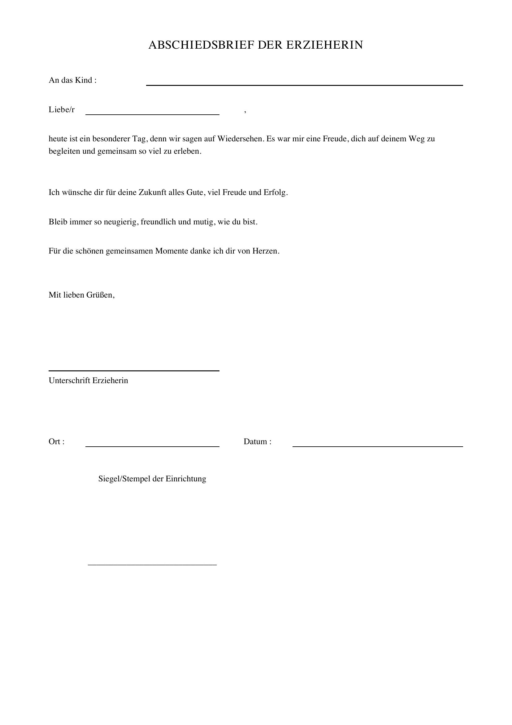 Abschiedsbrief Erzieherin An Kind Vorlage