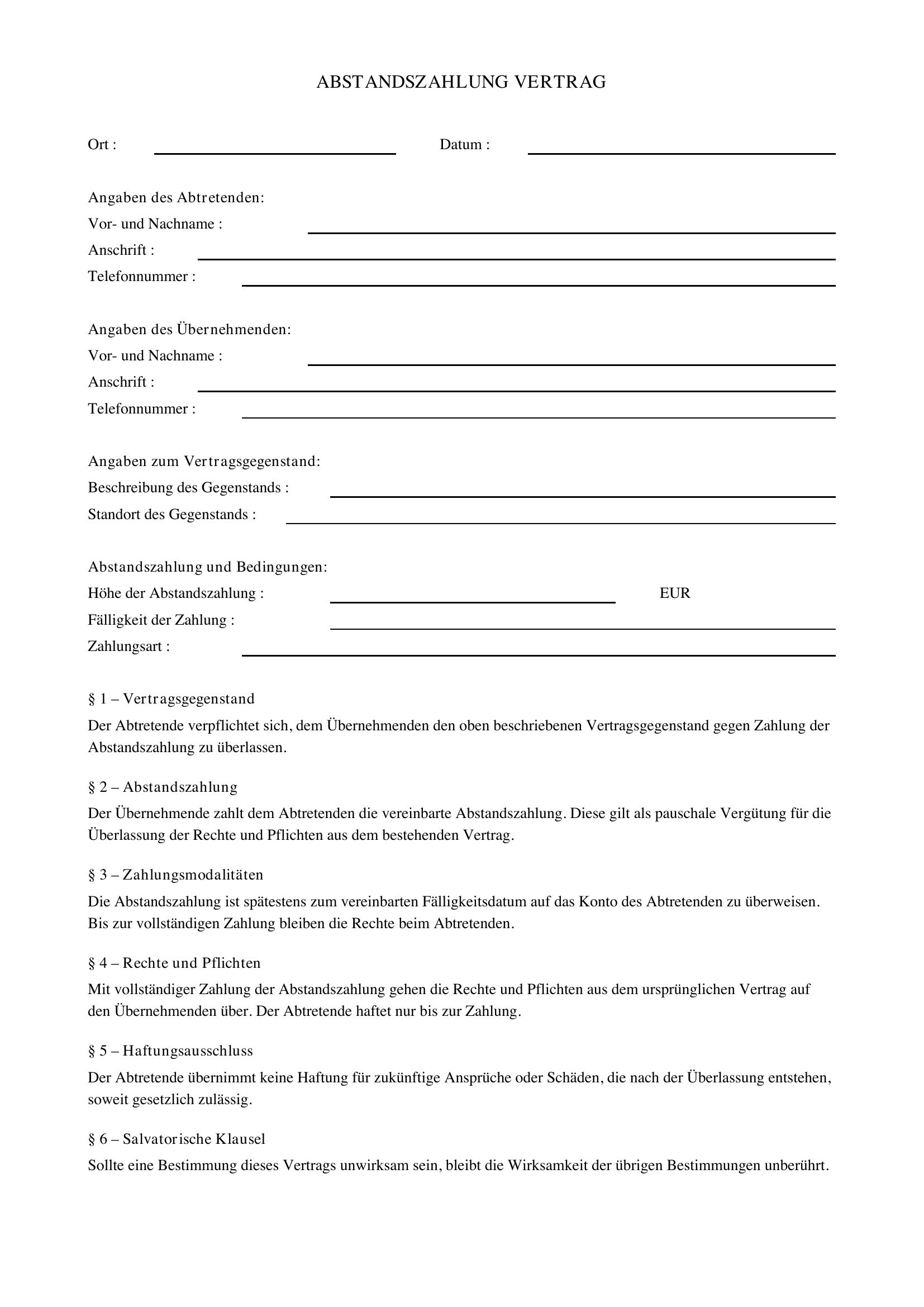 Abstandszahlung Vertrag Muster