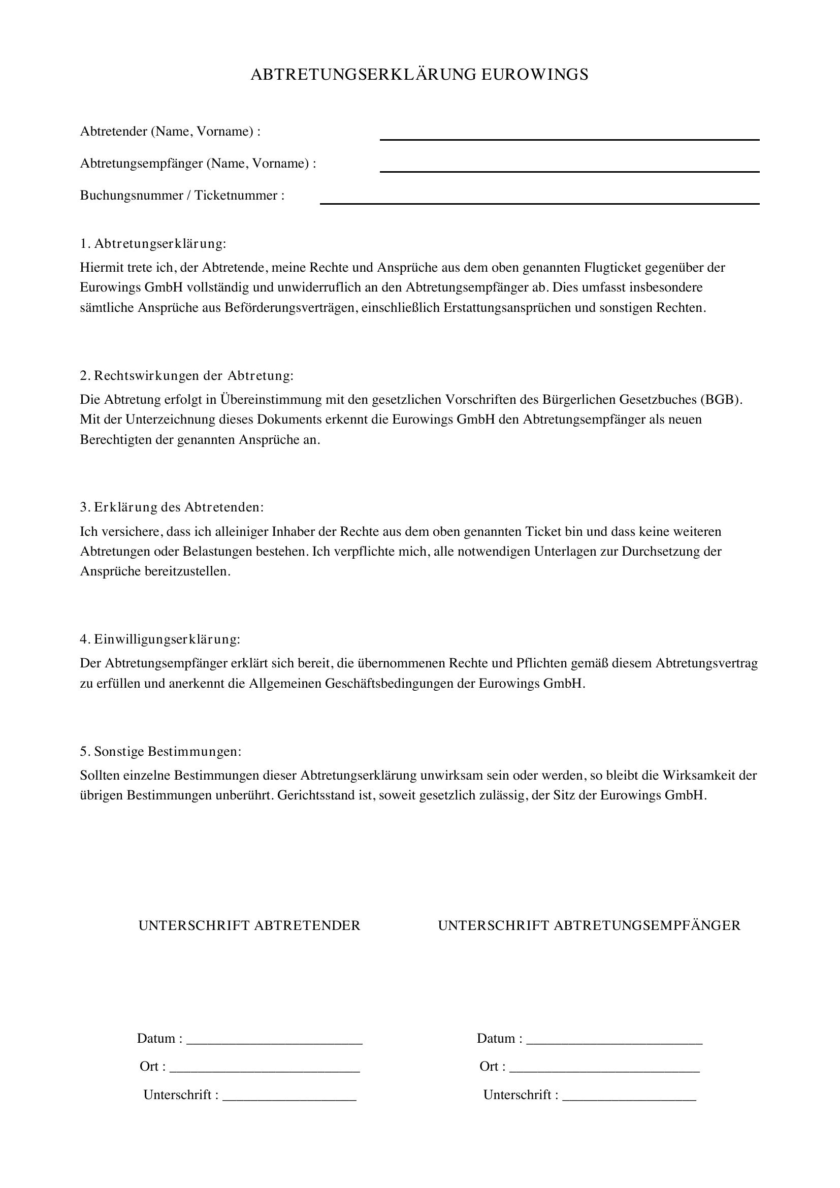 Abtretungserklärung Eurowings