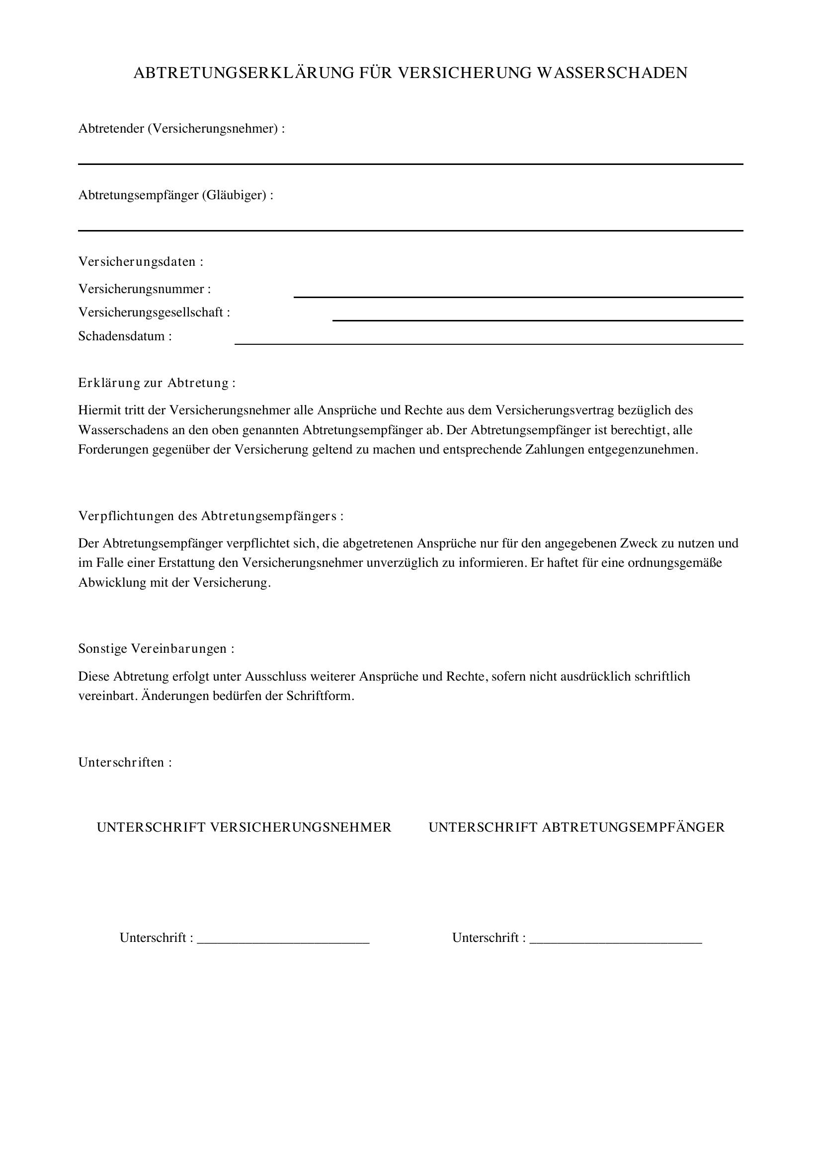 Abtretungserklärung Versicherung Wasserschaden Vorlage
