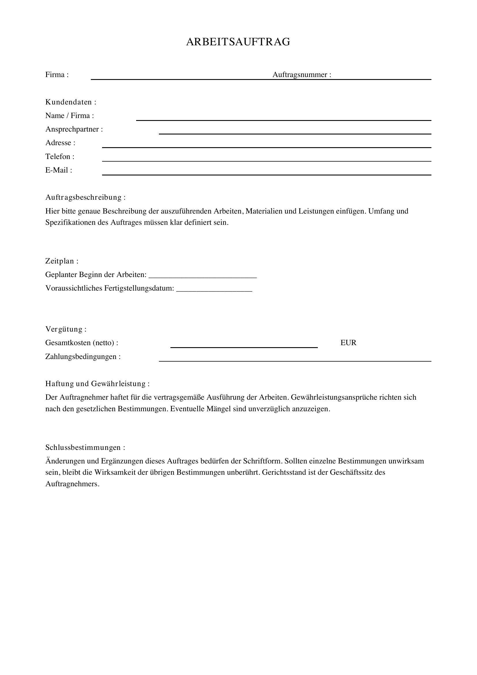 Arbeitsauftrag Vorlage