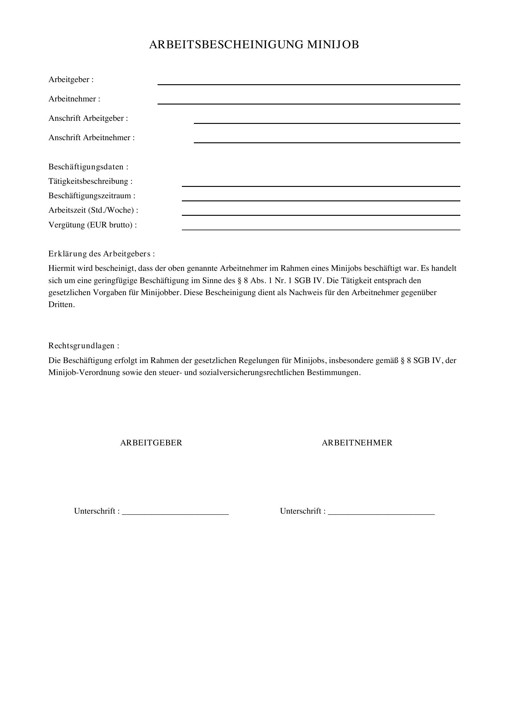 Arbeitsbescheinigung Minijob