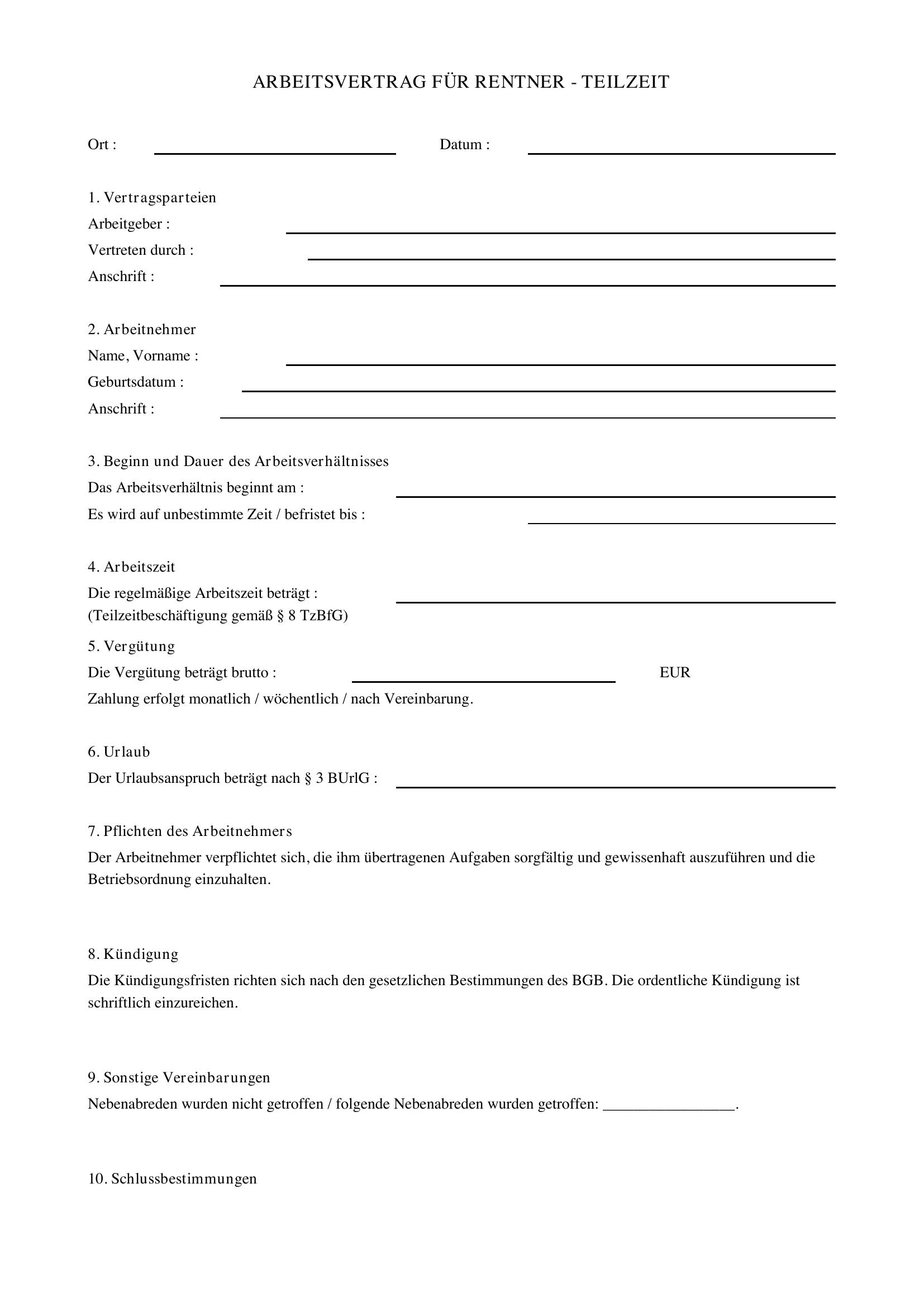 Arbeitsvertrag Rentner Teilzeit Muster