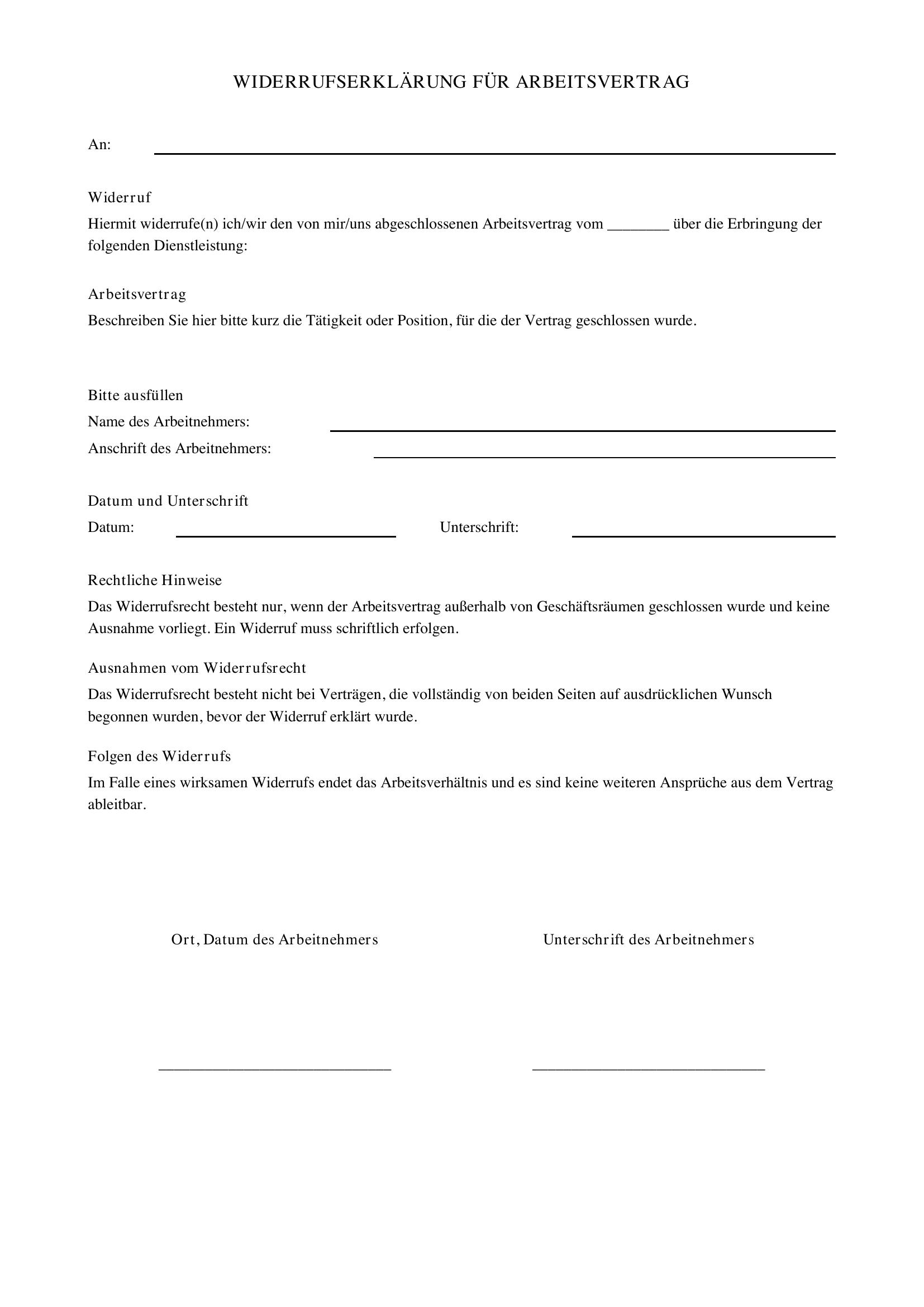 Arbeitsvertrag Widerrufen Muster