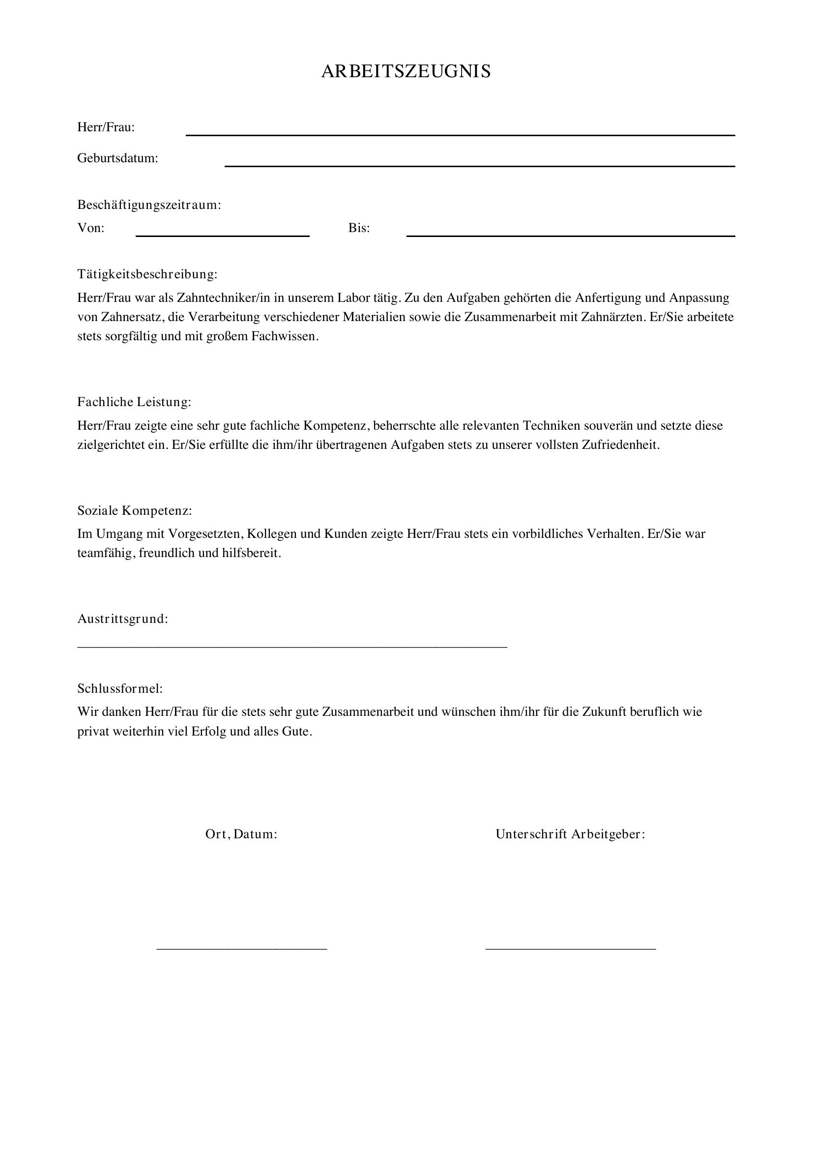 Arbeitszeugnis Zahntechniker