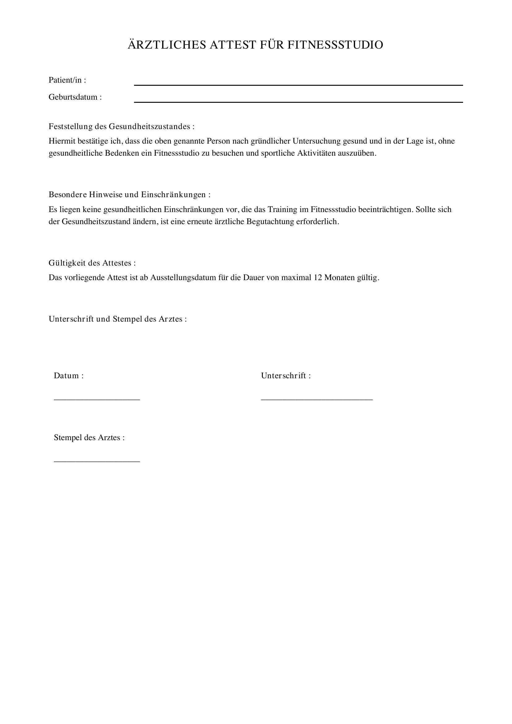 Ärztliches Attest Für Fitnessstudio Muster