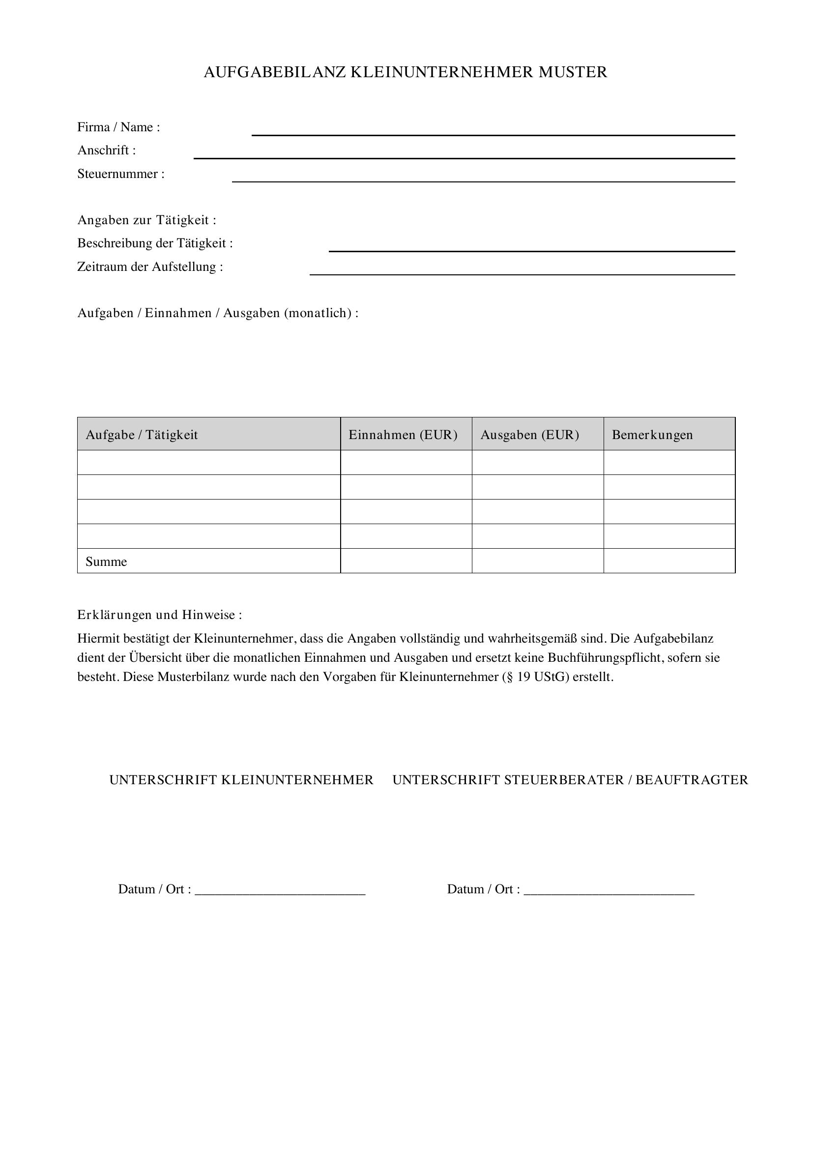 Aufgabebilanz Kleinunternehmer Muster