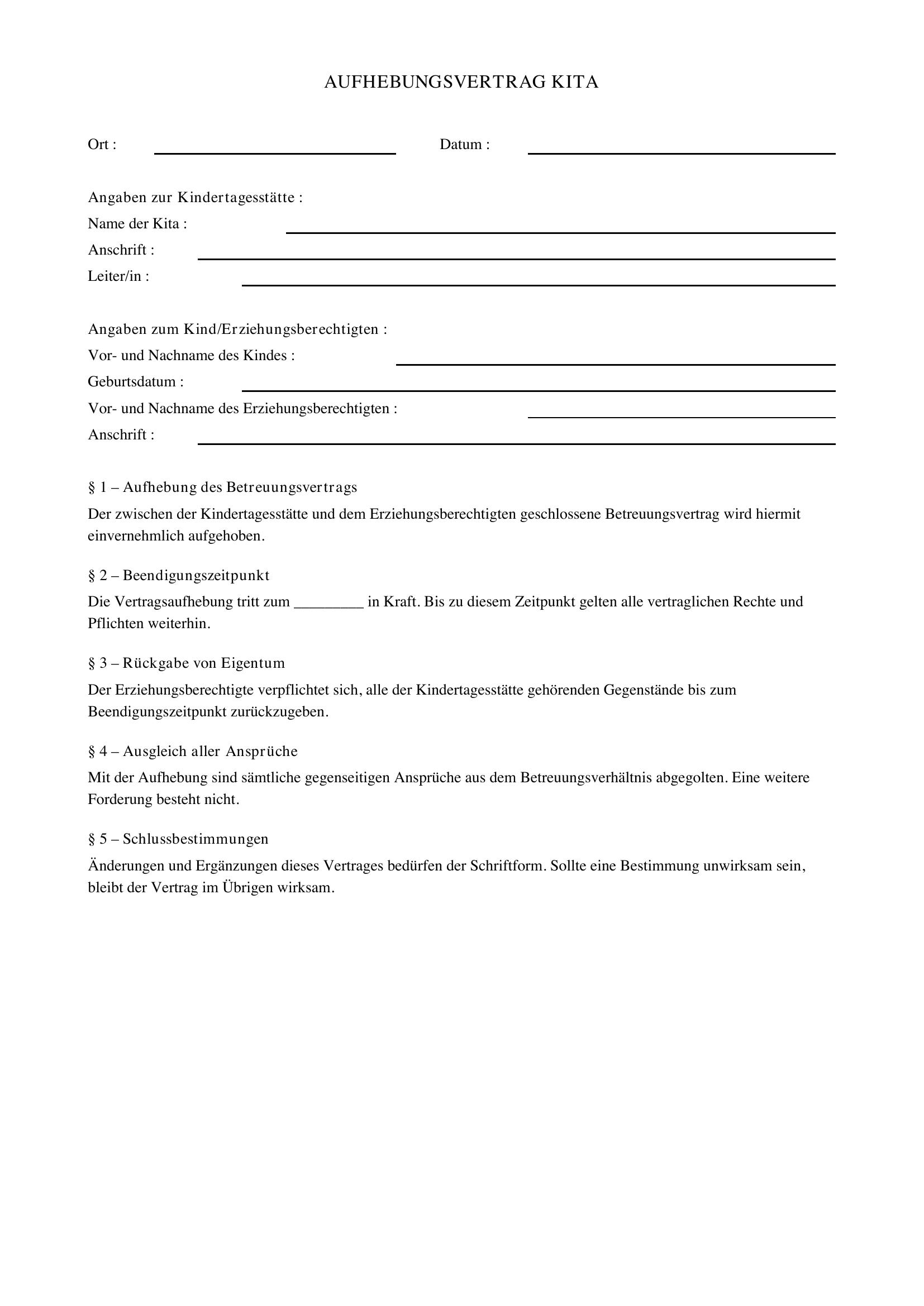 Aufhebungsvertrag Kita Muster