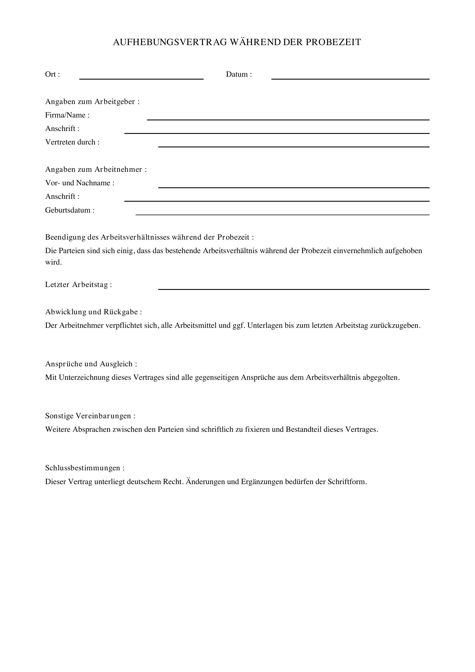 Aufhebungsvertrag Während Der Probezeit Muster