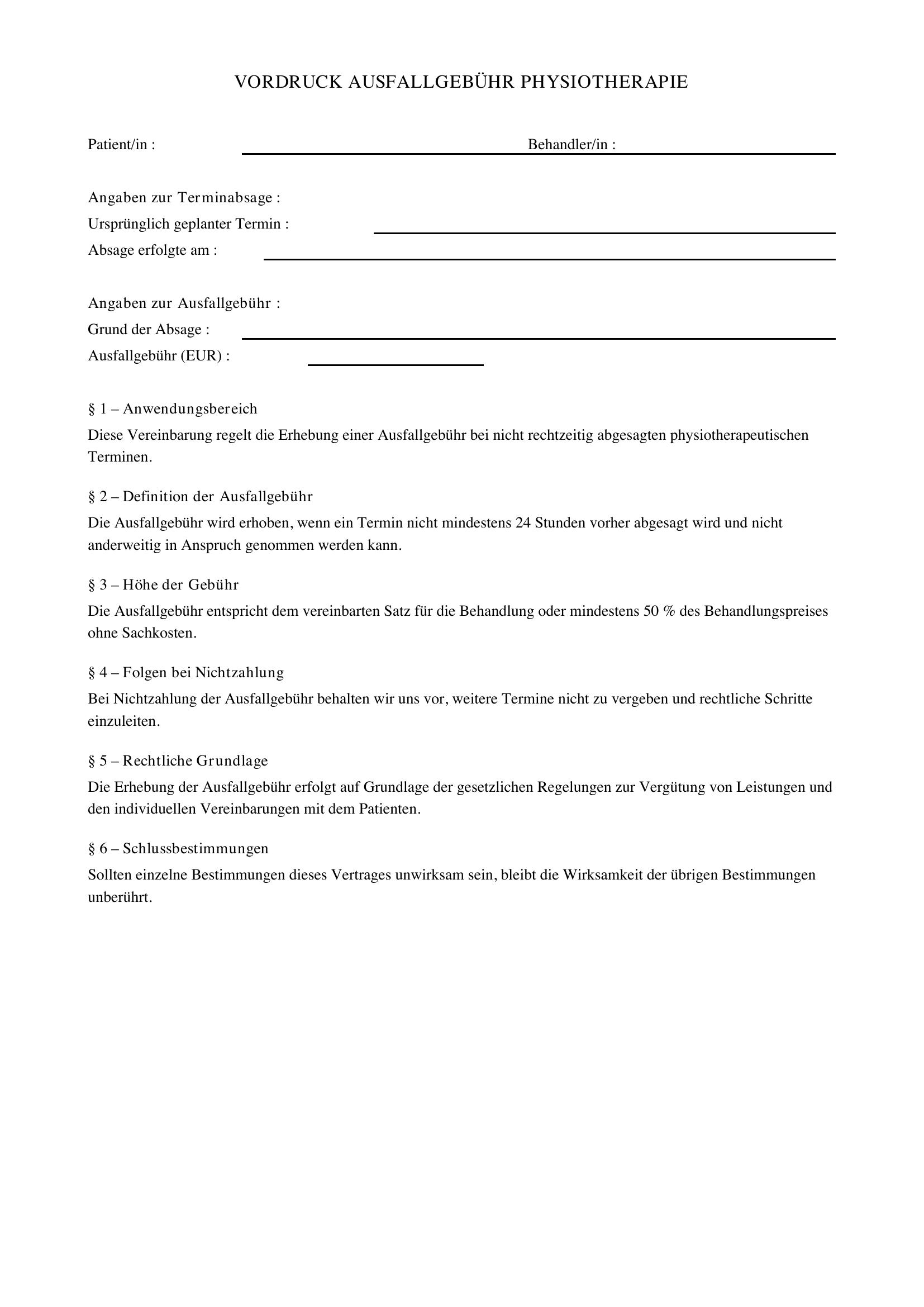 Ausfallgebühr Physiotherapie Vordruck