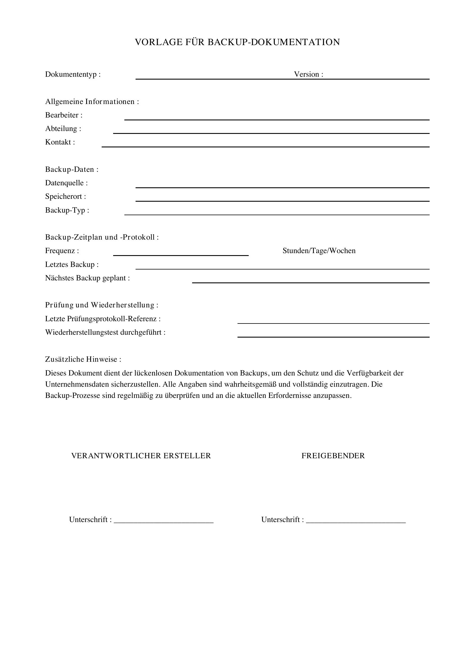Backup Dokumentation Vorlage