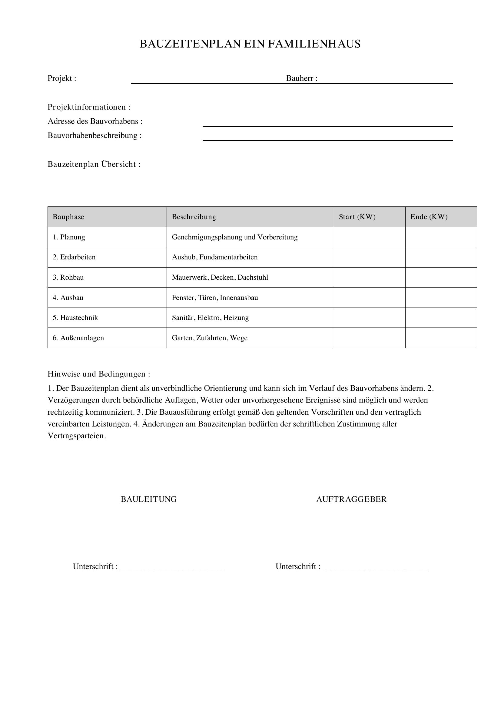 Bauzeitenplan Einfamilienhaus