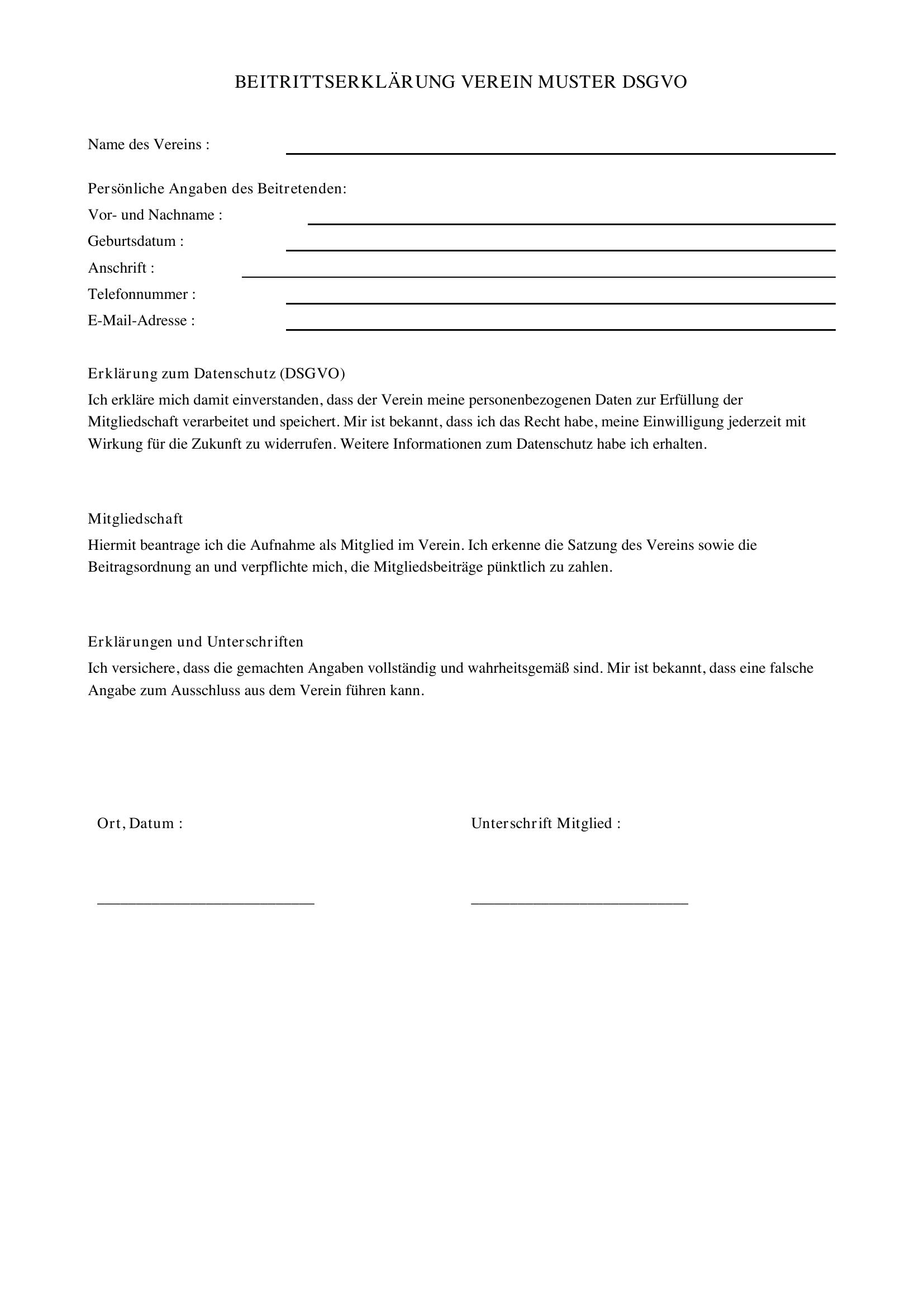 Beitrittserklärung Verein Muster Dsgvo