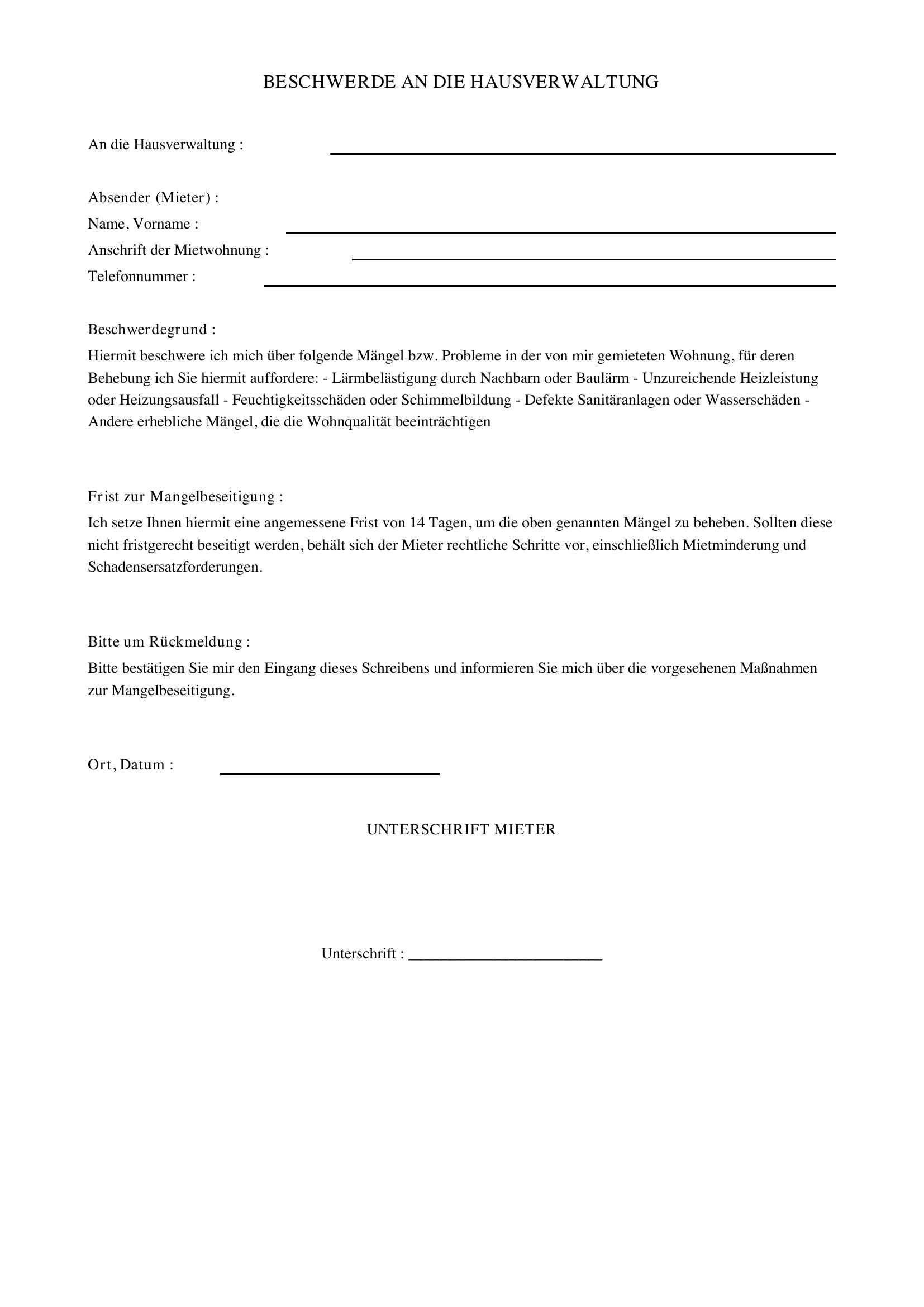 Beschwerde An Hausverwaltung