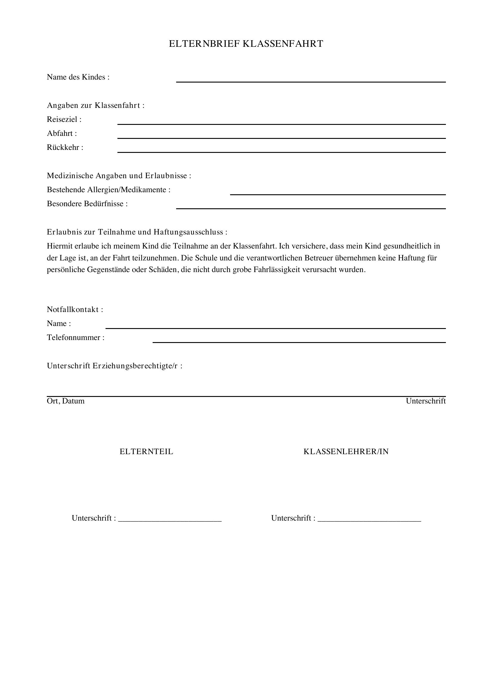 Brief An Kind Auf Klassenfahrt