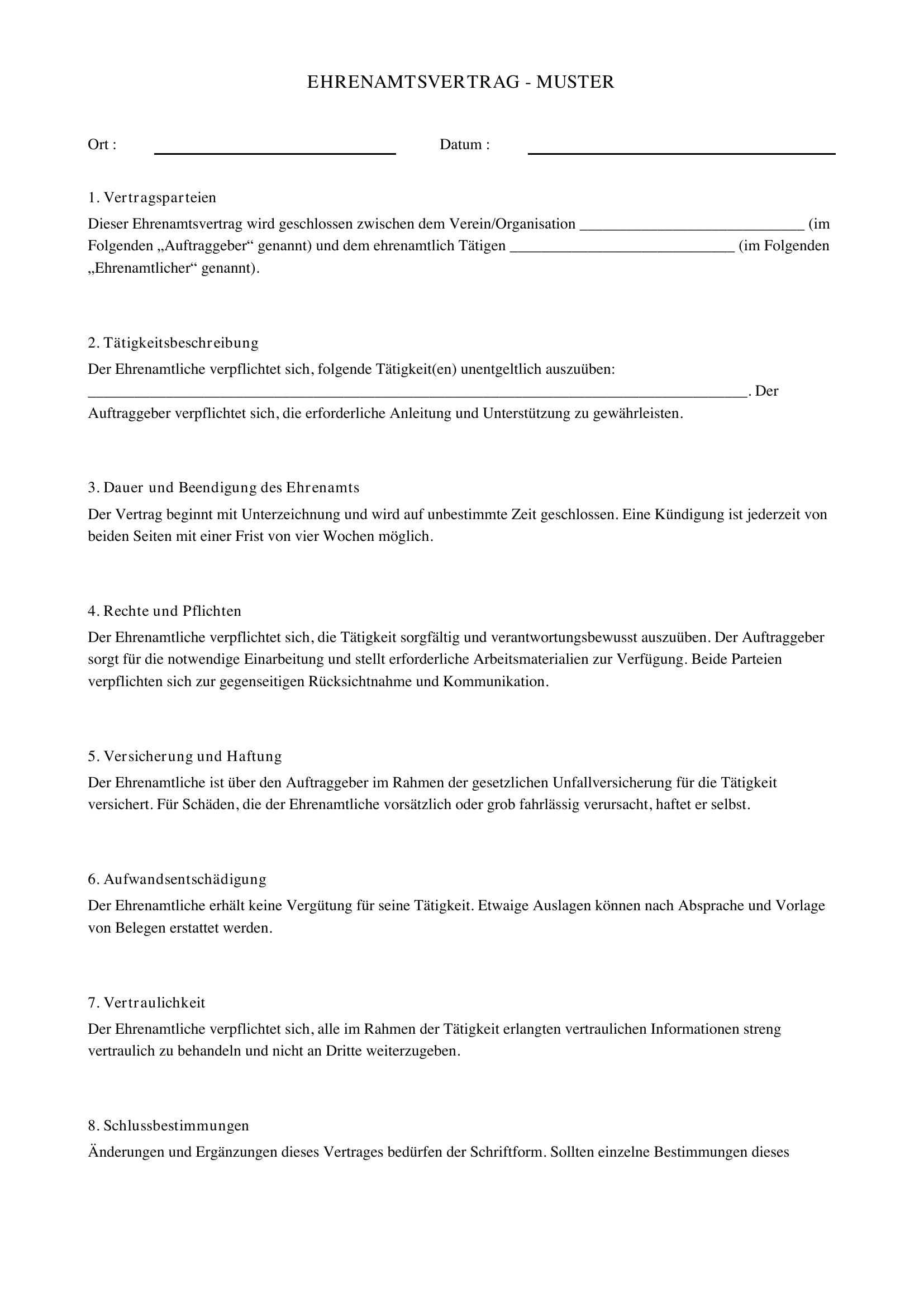 Ehrenamtsvertrag Muster