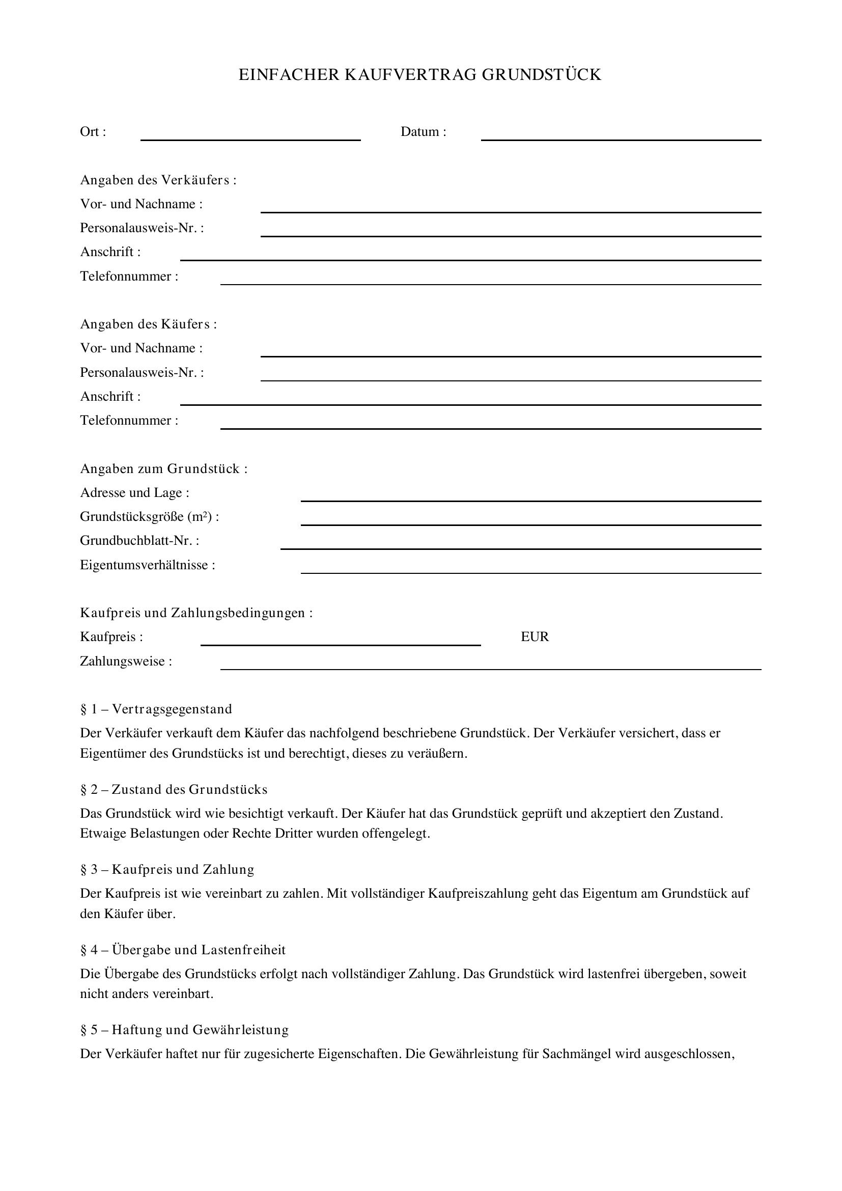 Einfacher Kaufvertrag Grundstück