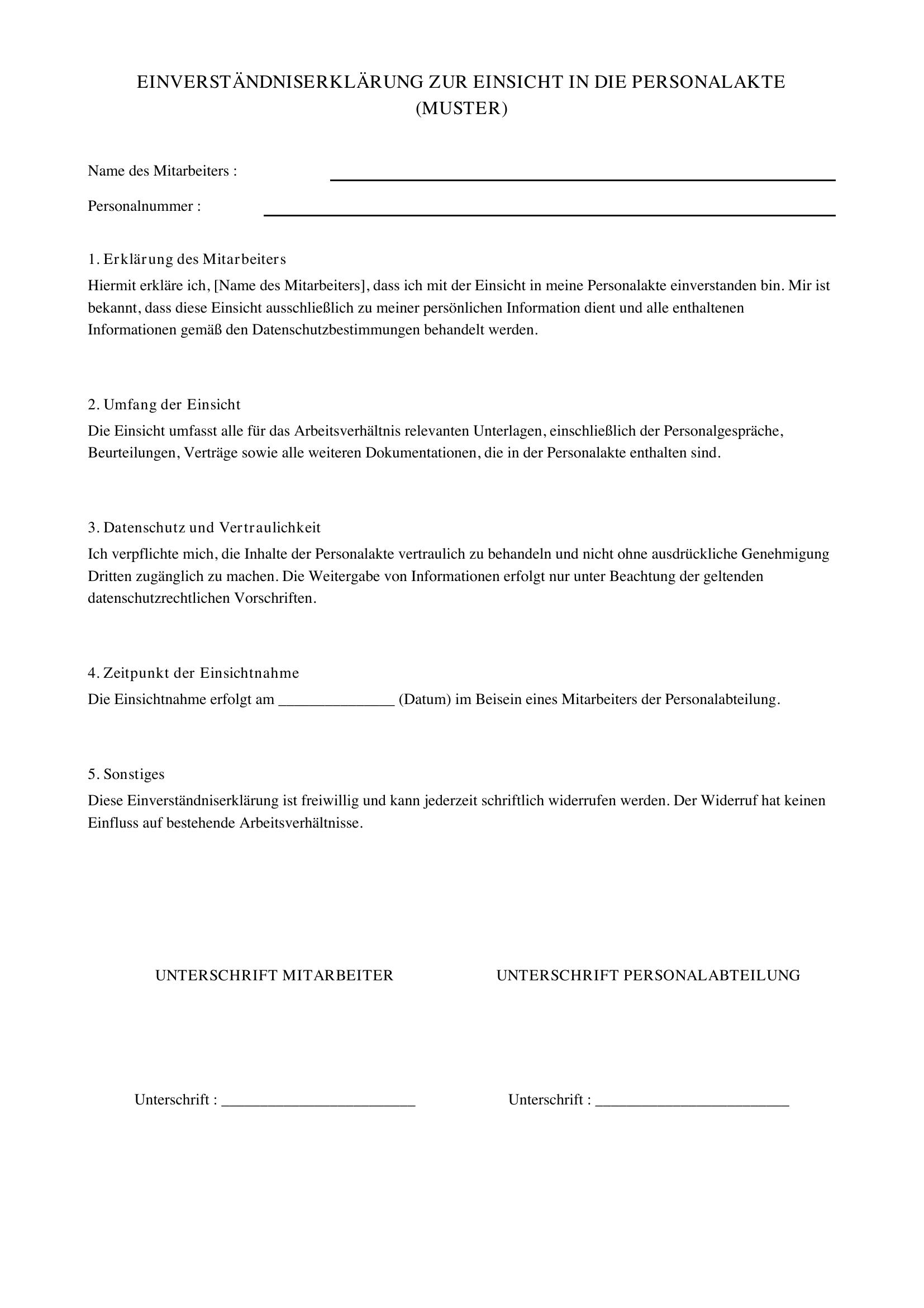 Einverständniserklärung Einsicht Personalakte Muster