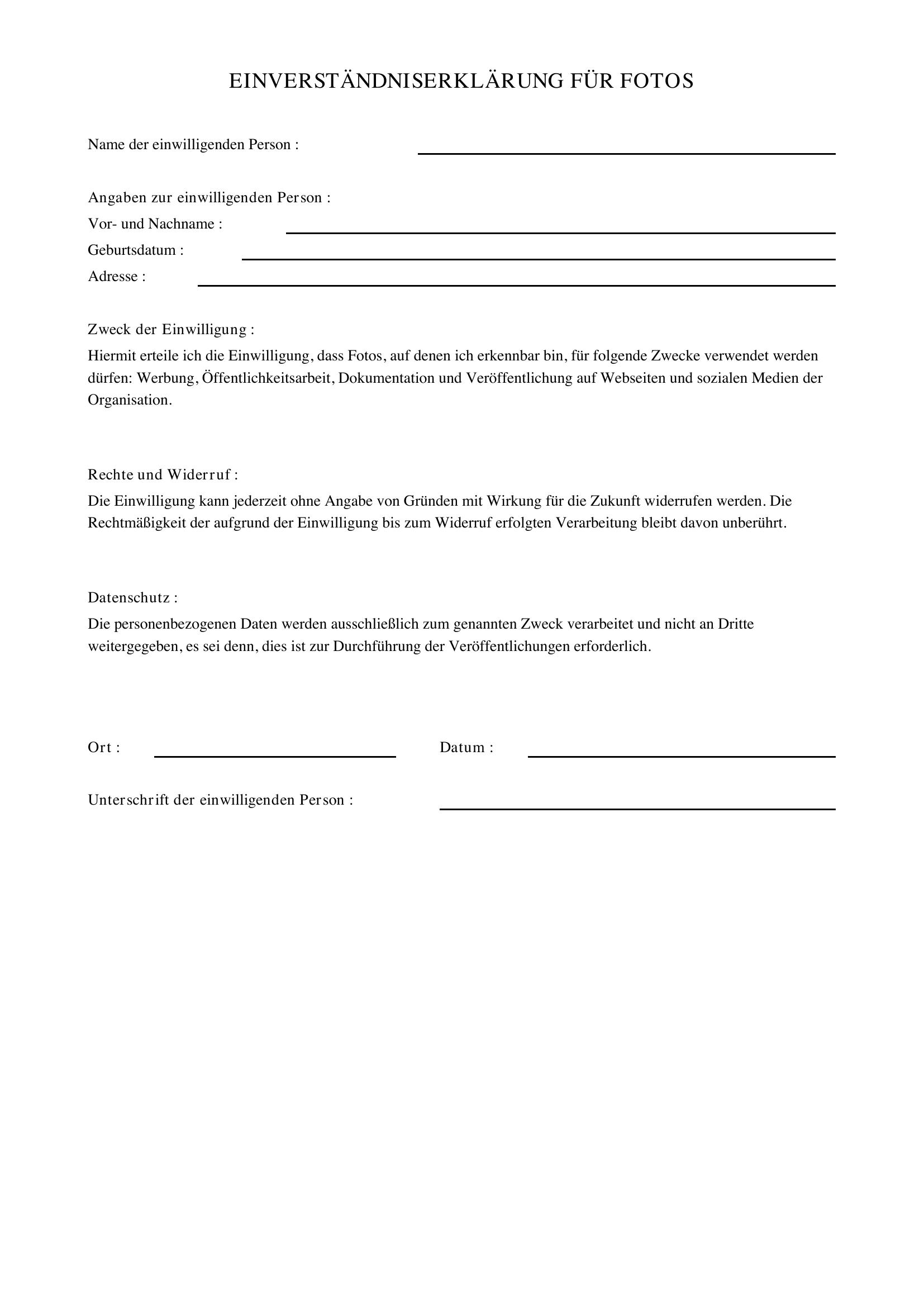 Einverständniserklärung Fotos Vorlage