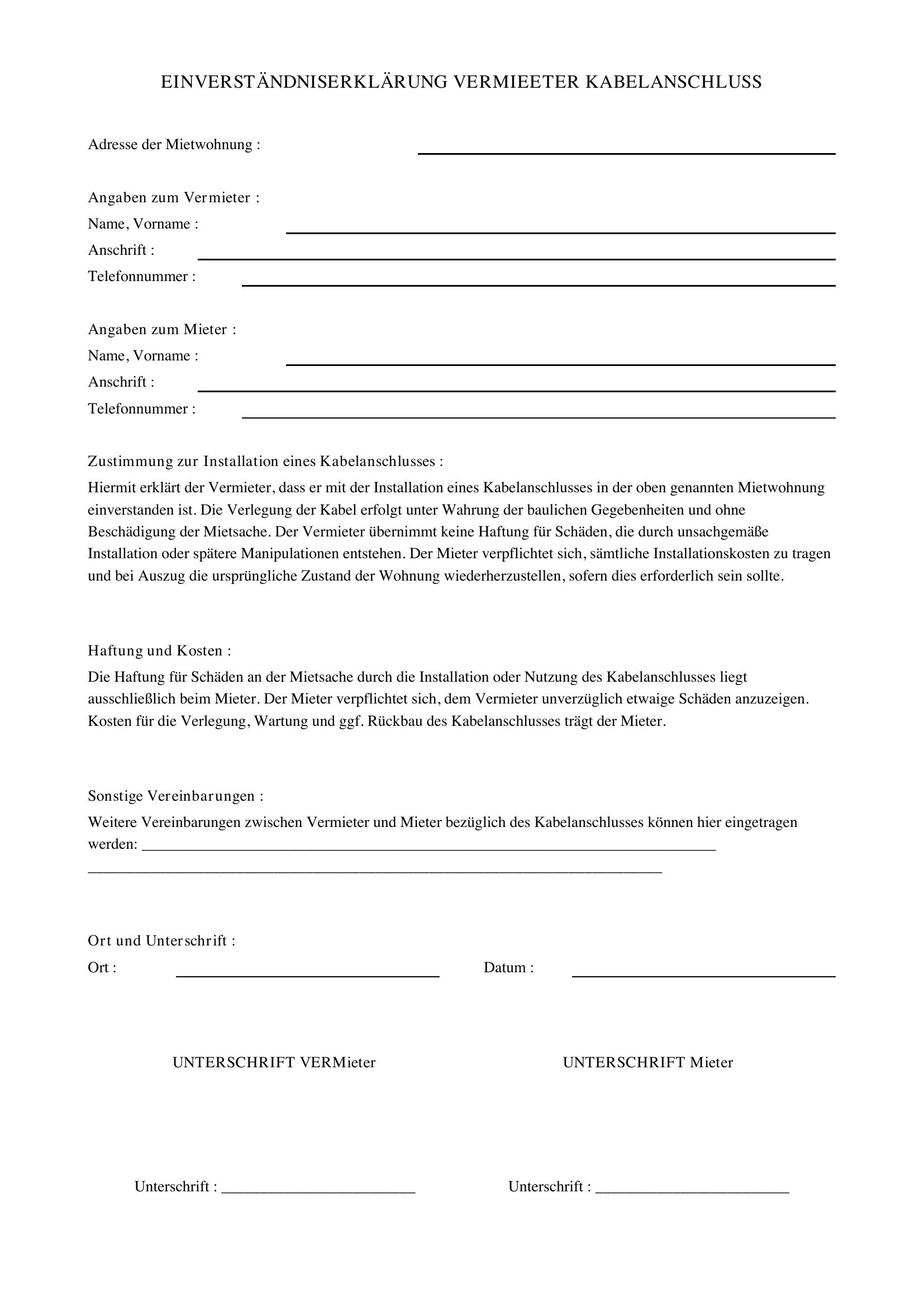 Einverständniserklärung Vermieter Kabelanschluss Muster