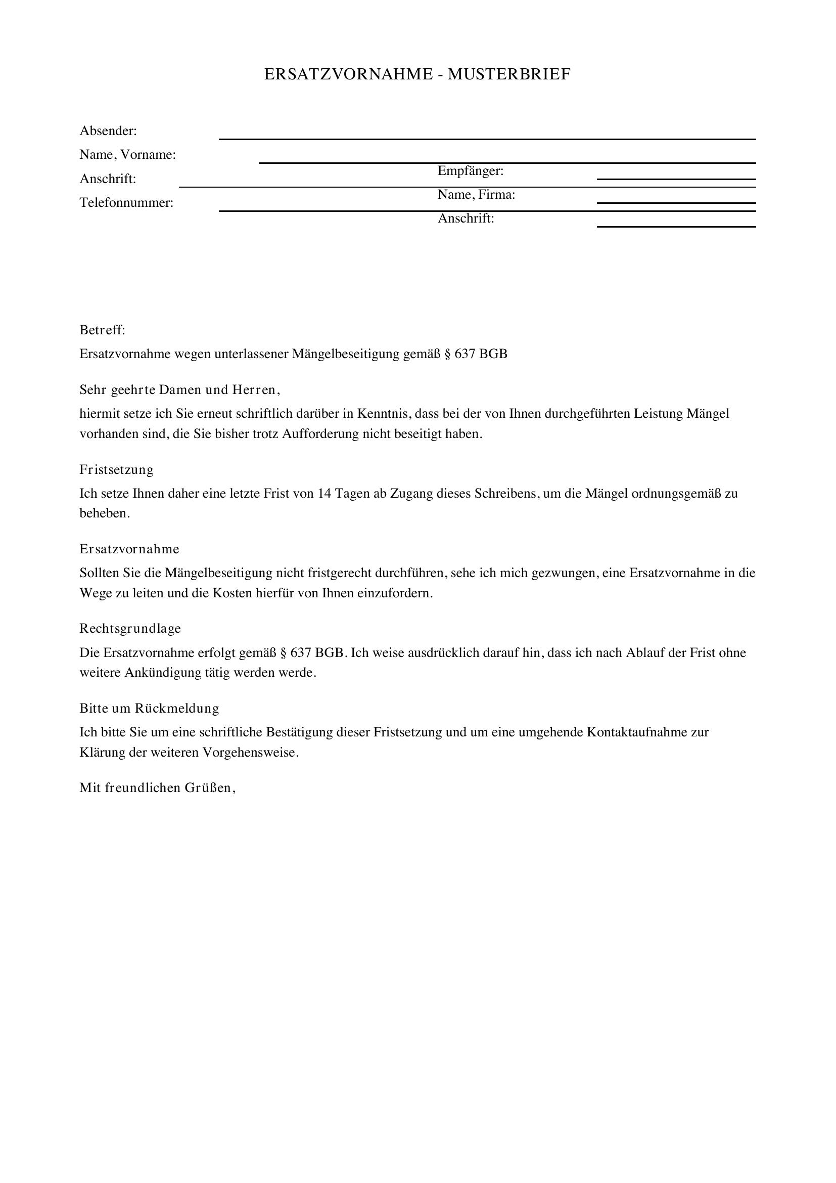 Ersatzvornahme (Vob Musterbrief)