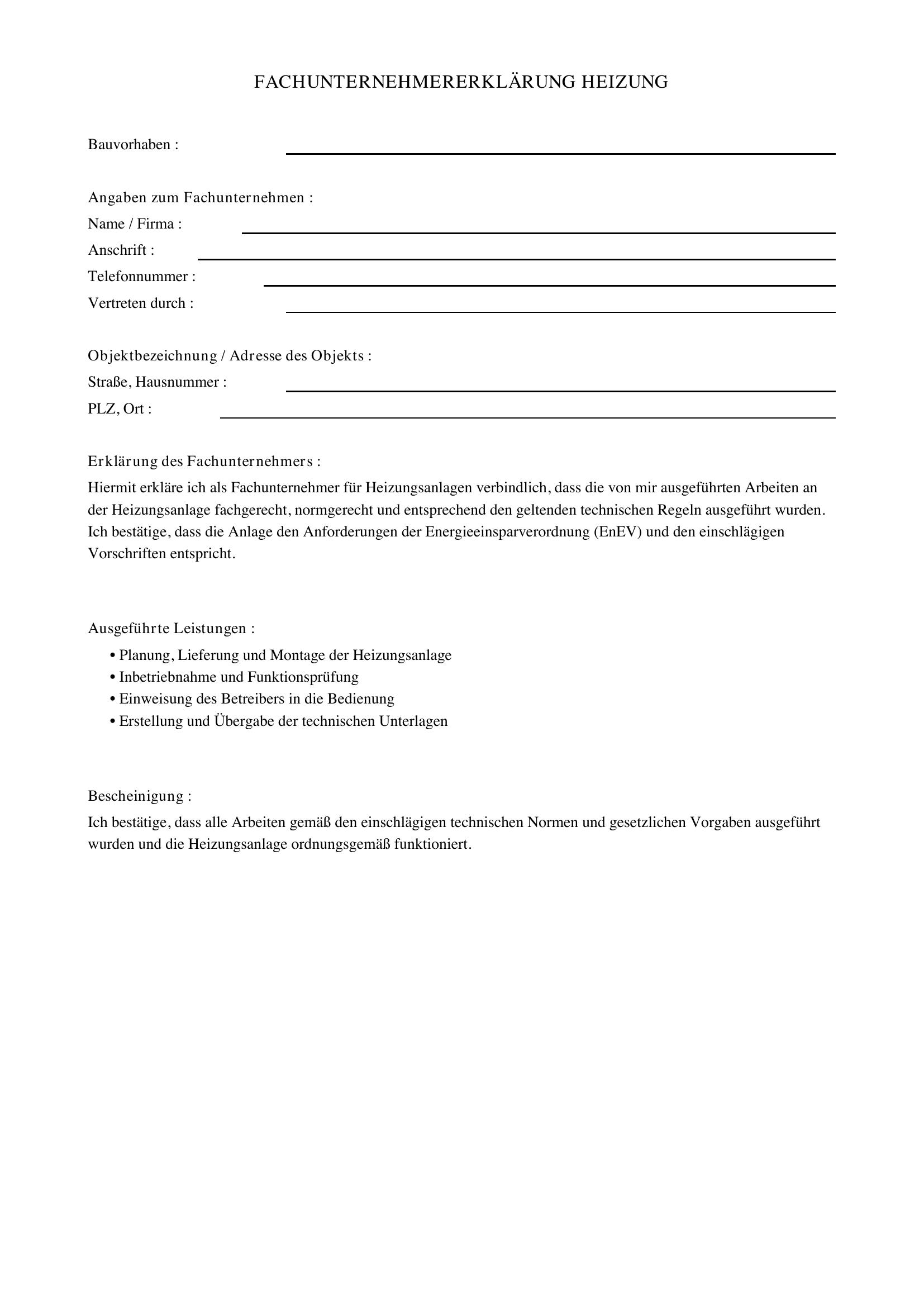 Fachunternehmererklärung Heizung Vorlage