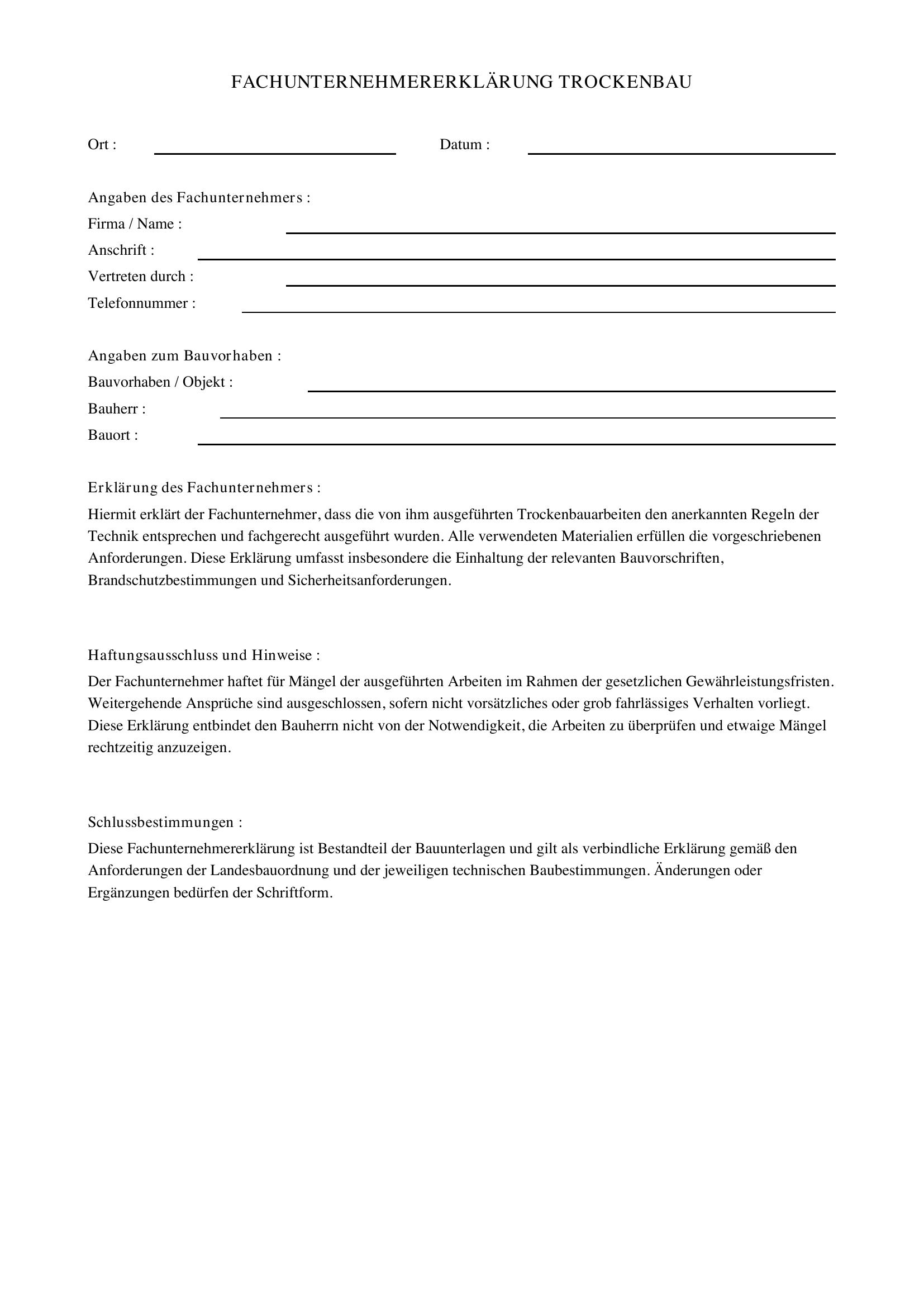 Fachunternehmererklärung Trockenbau