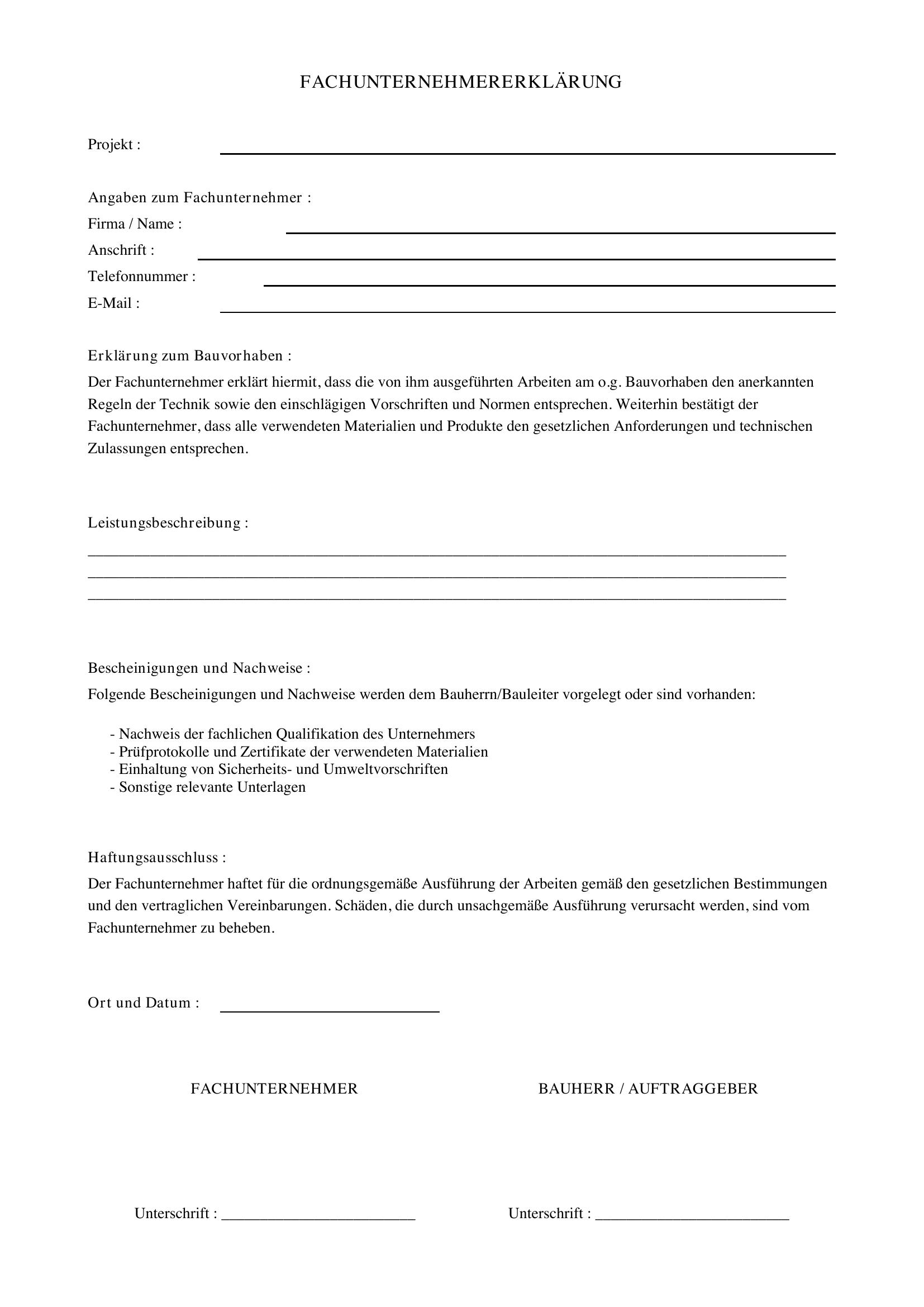 Fachunternehmererklärung Vorlage