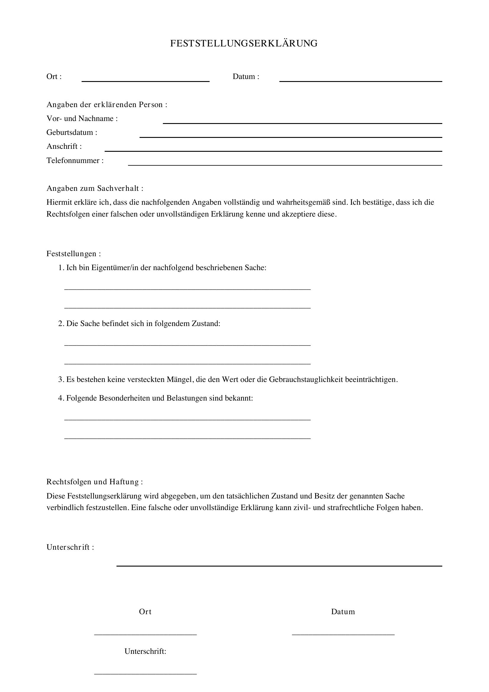 Feststellungserklärung Vordruck