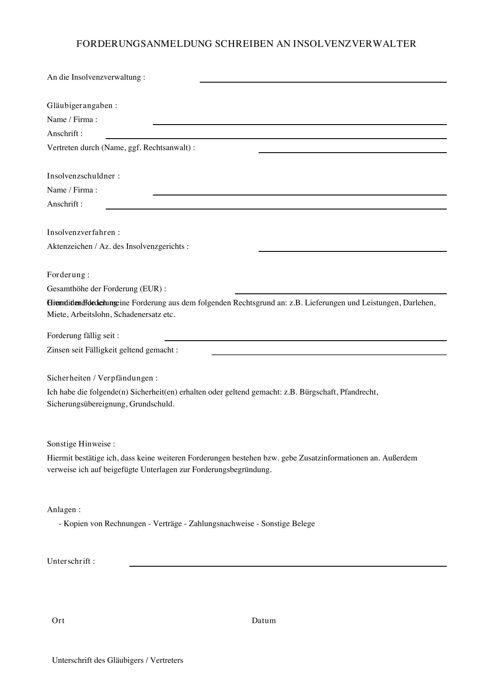 Forderungsanmeldung Schreiben An Insolvenzverwalter Muster