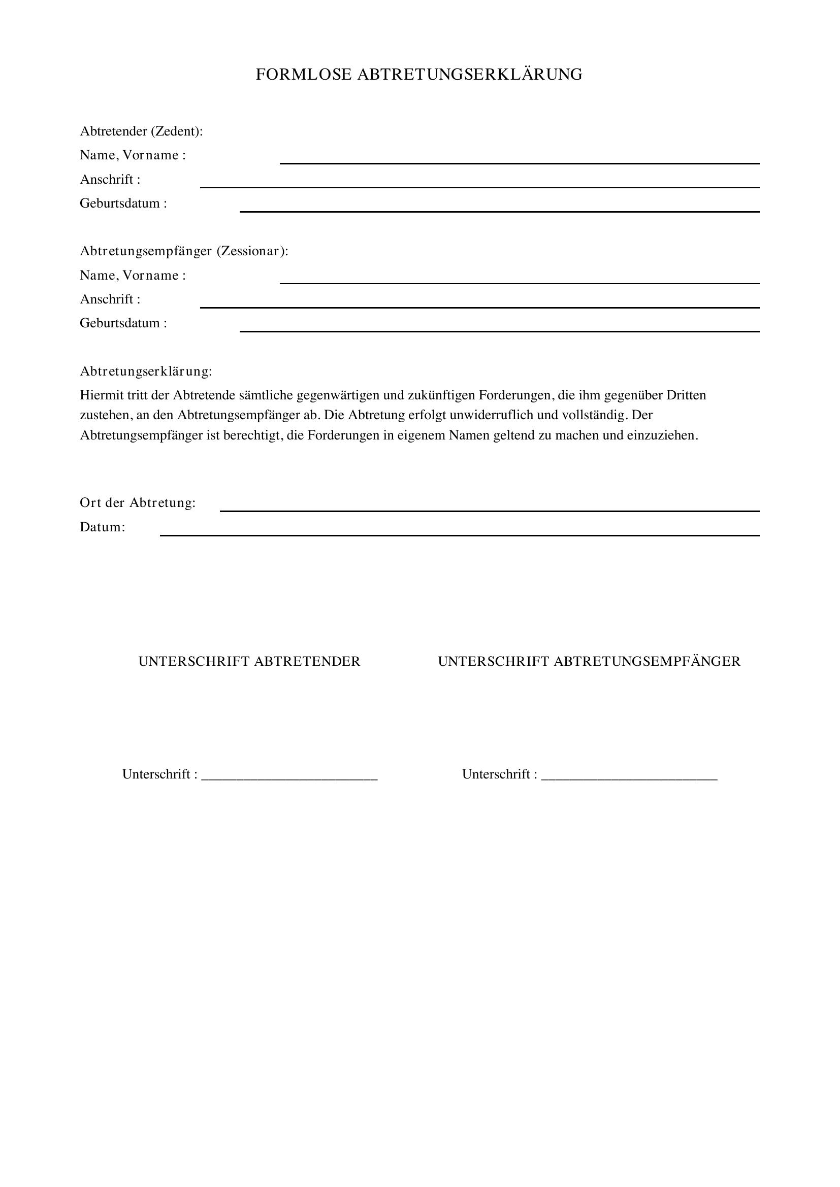 Formlose Abtretungserklärung
