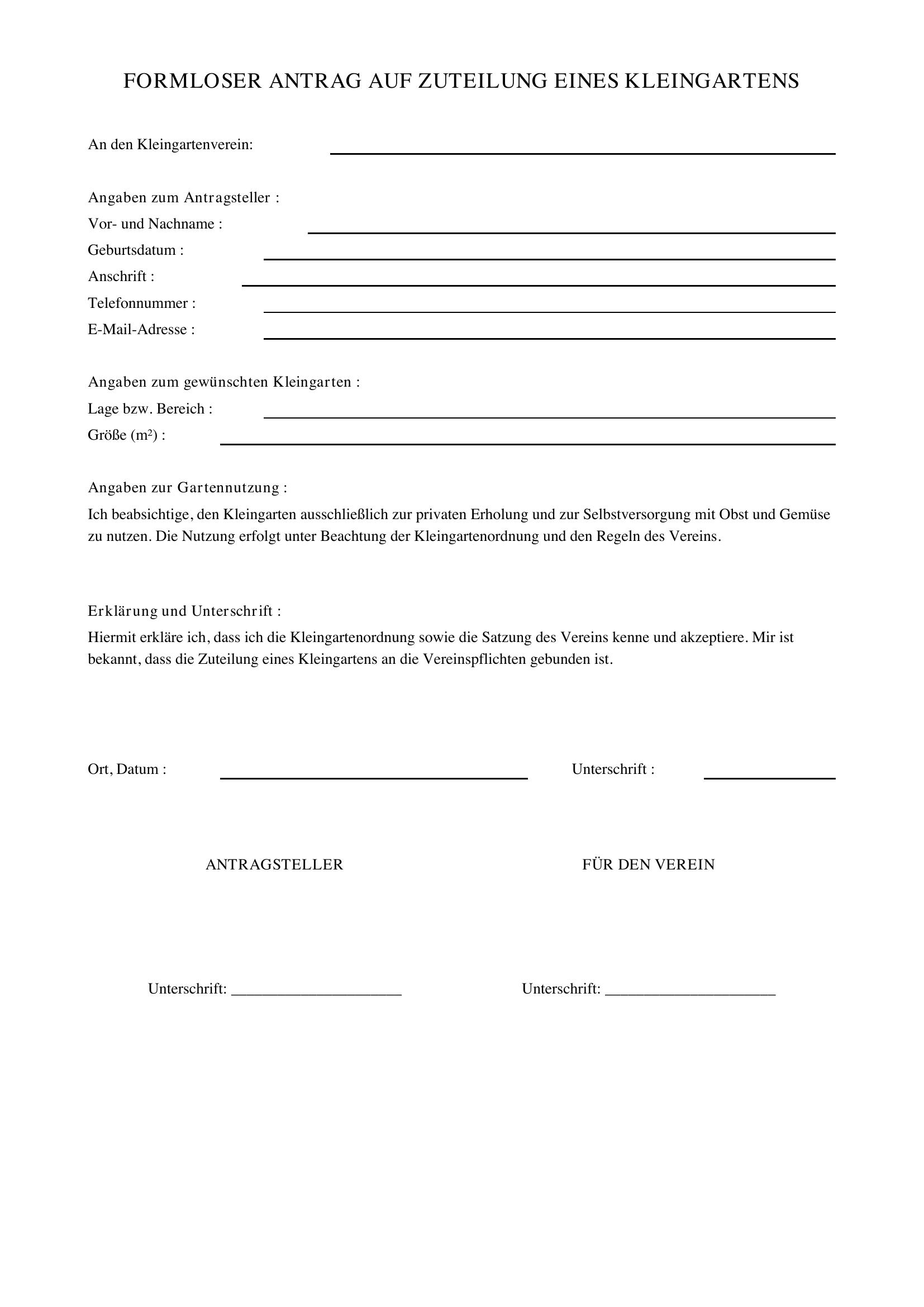 Formloser Antrag Kleingartenverein