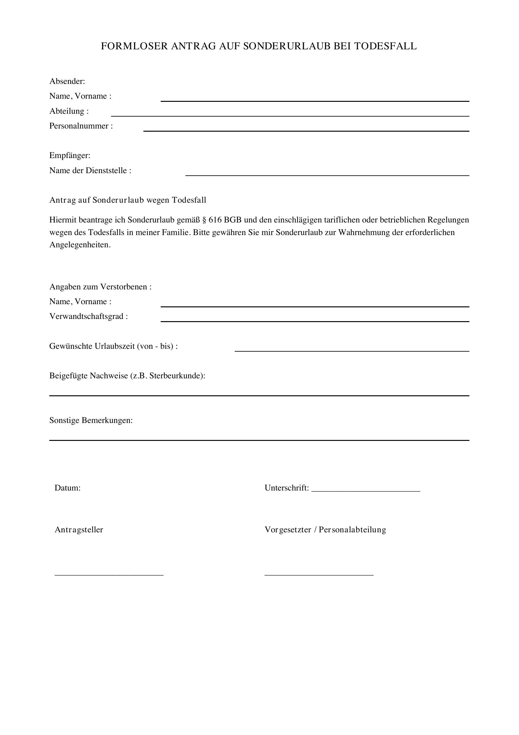 Formloser Antrag Sonderurlaub Todesfall