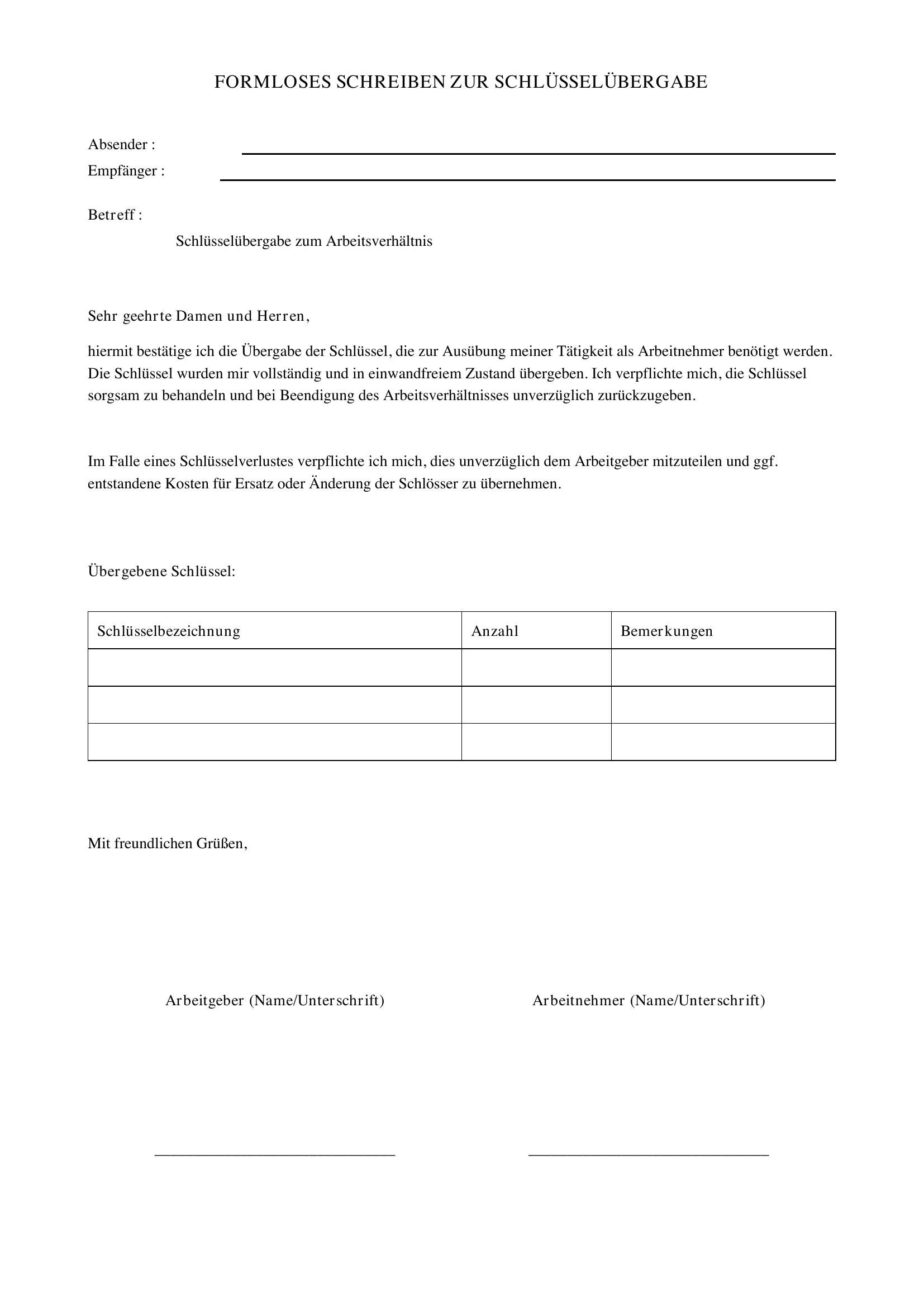 Formloses Schreiben Schlüsselübergabe Arbeitgeber