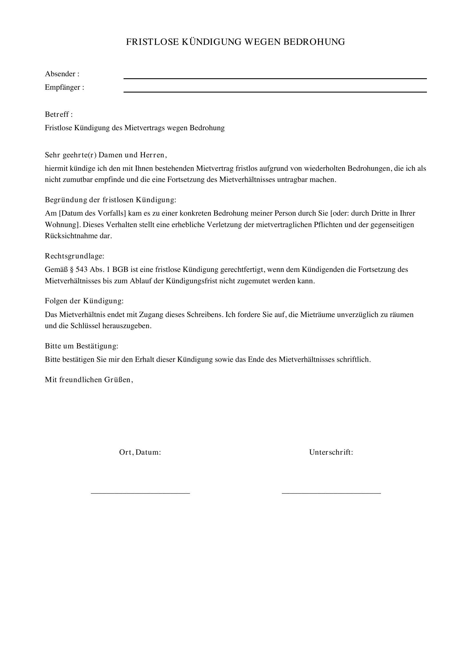 Fristlose Kündigung Wegen Bedrohung Muster