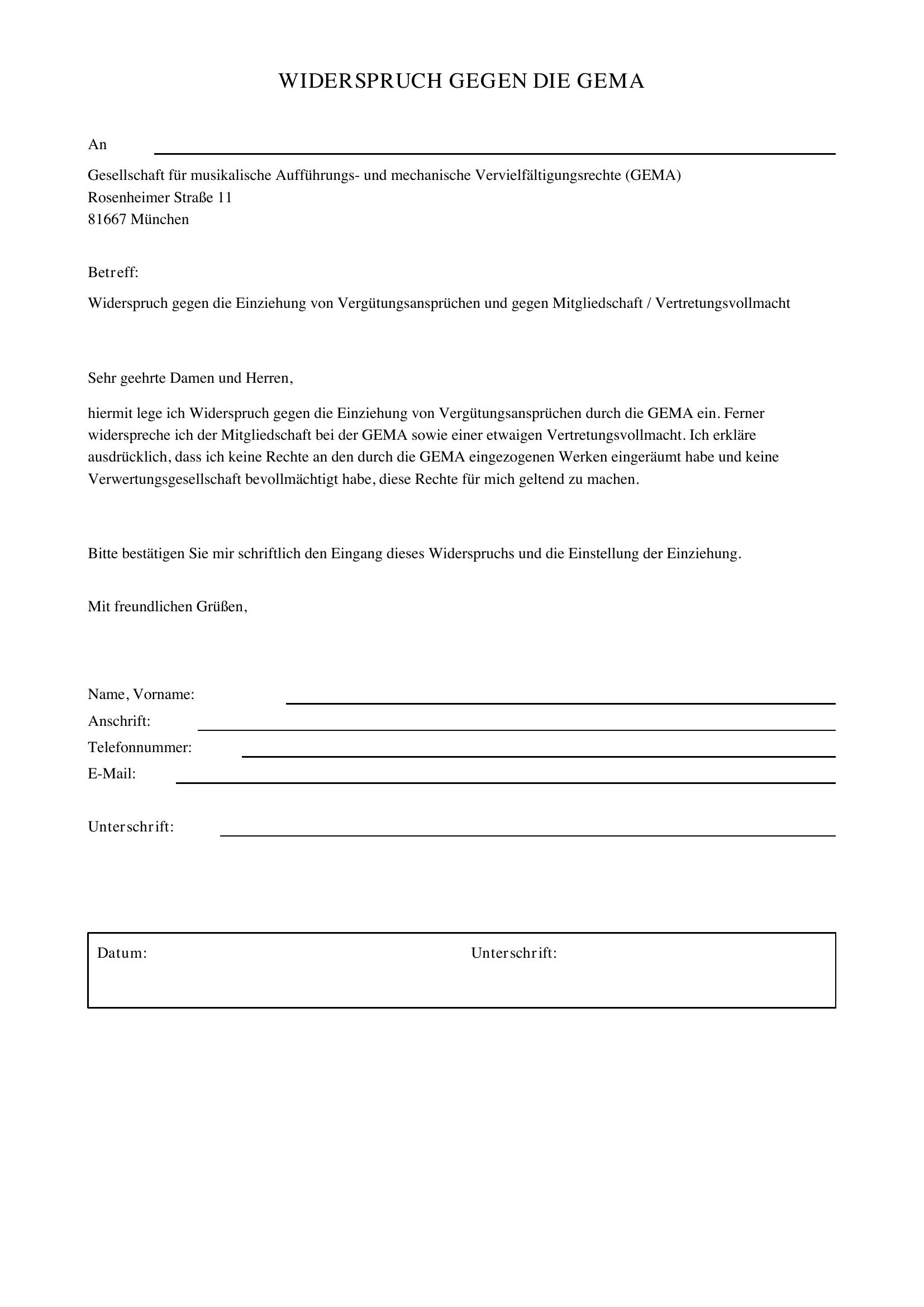 Gema Widerspruch Formular