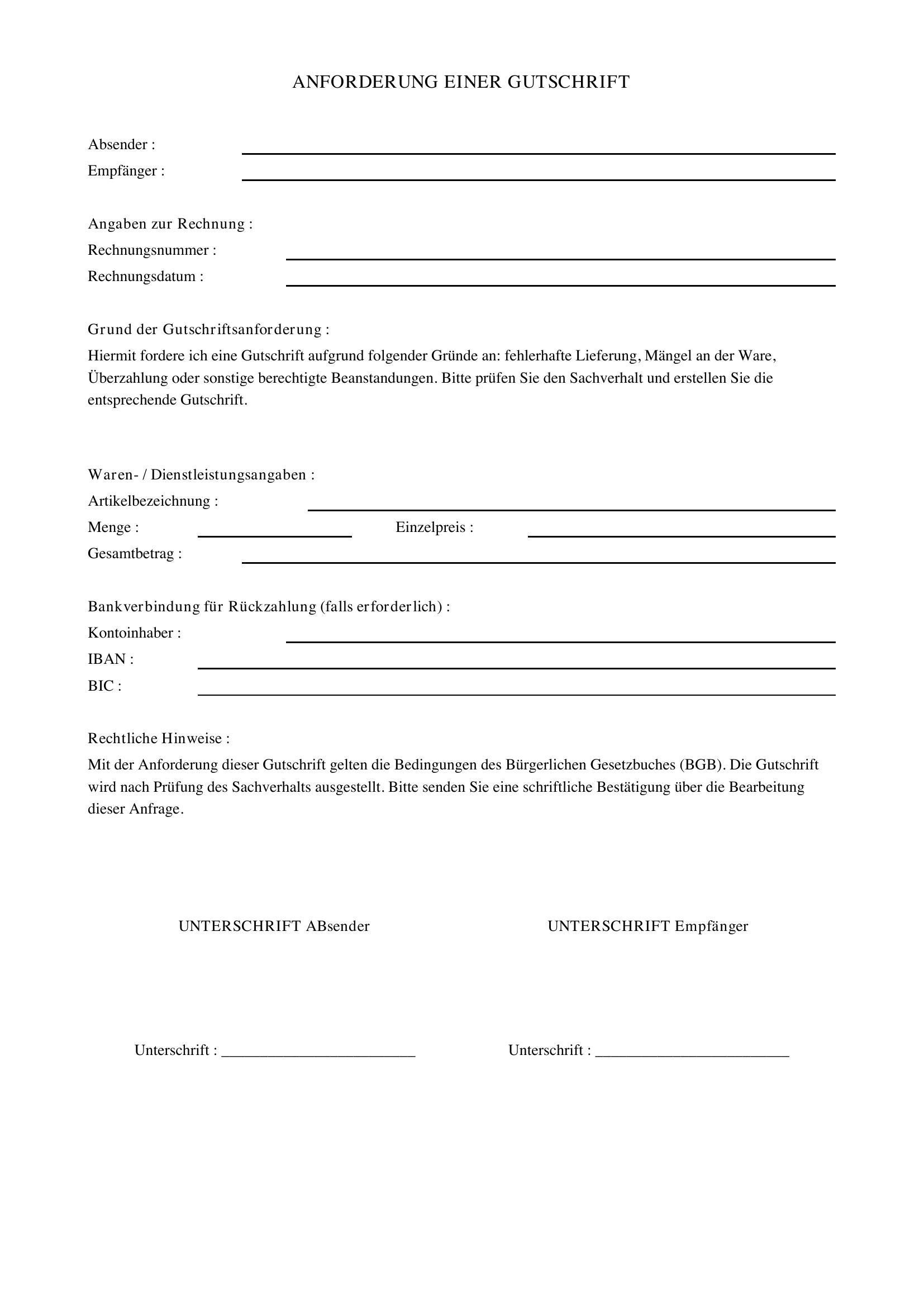 Gutschrift Anfordern Email