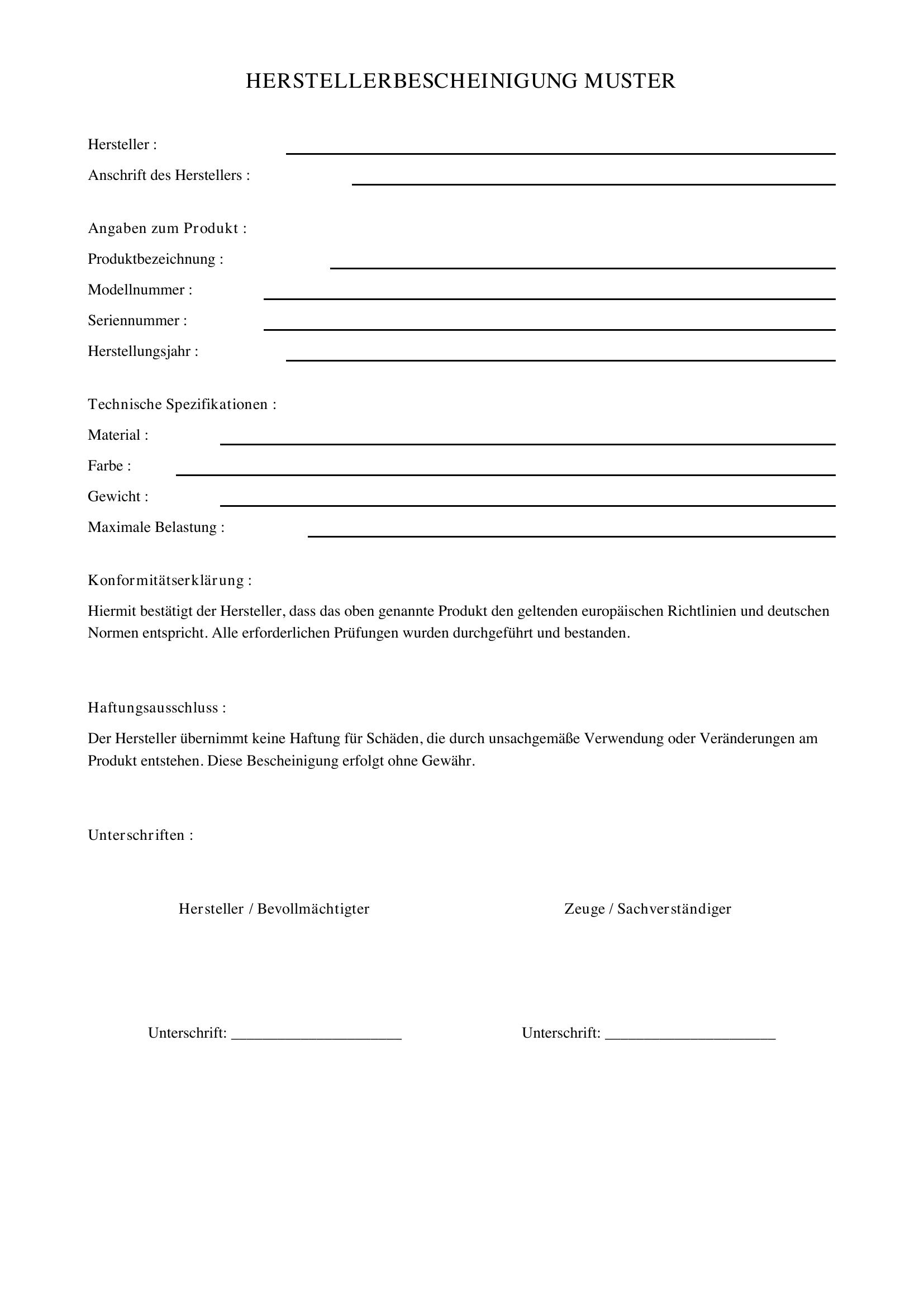 Herstellerbescheinigung Muster