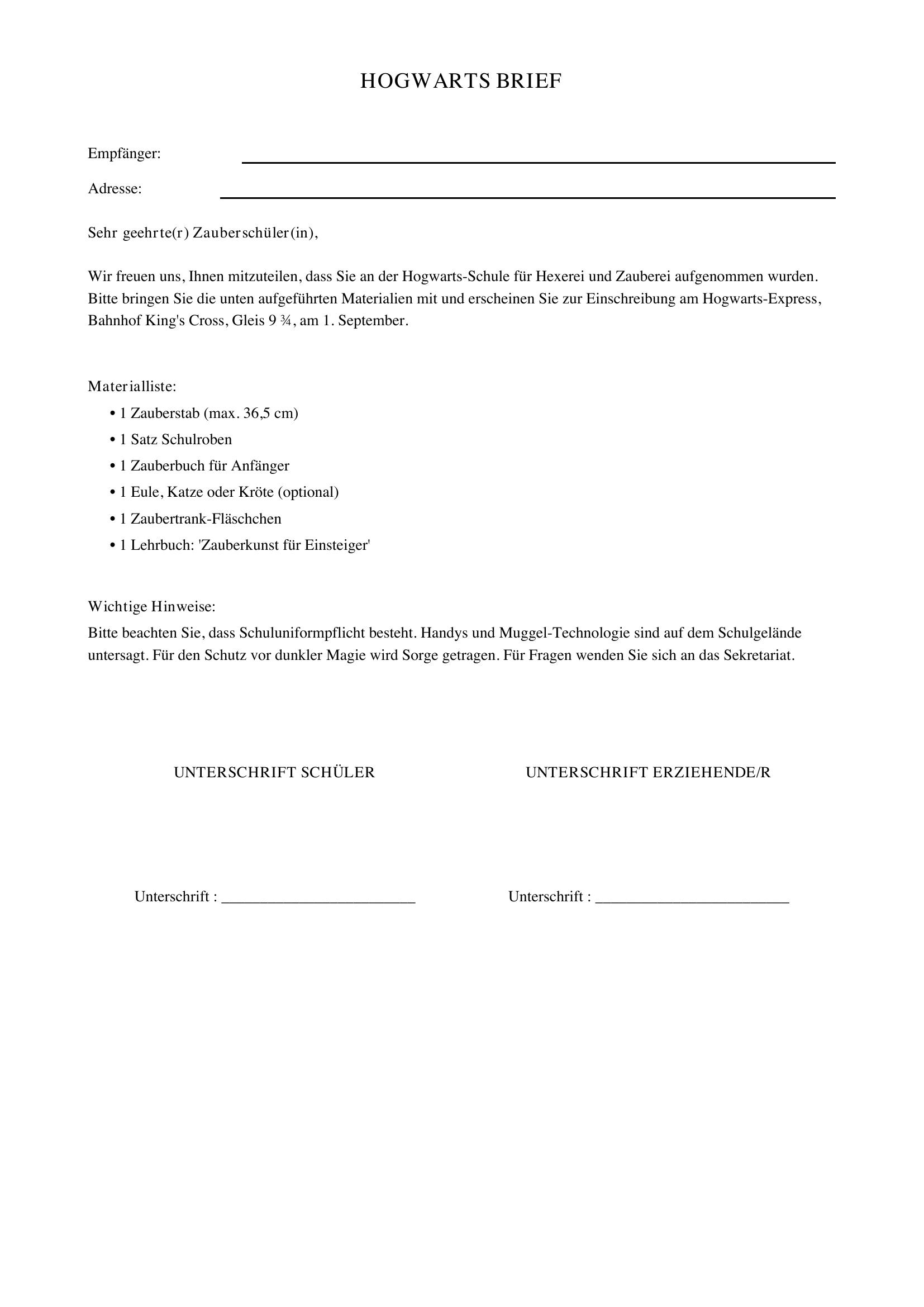 Hogwarts Brief Deutsch