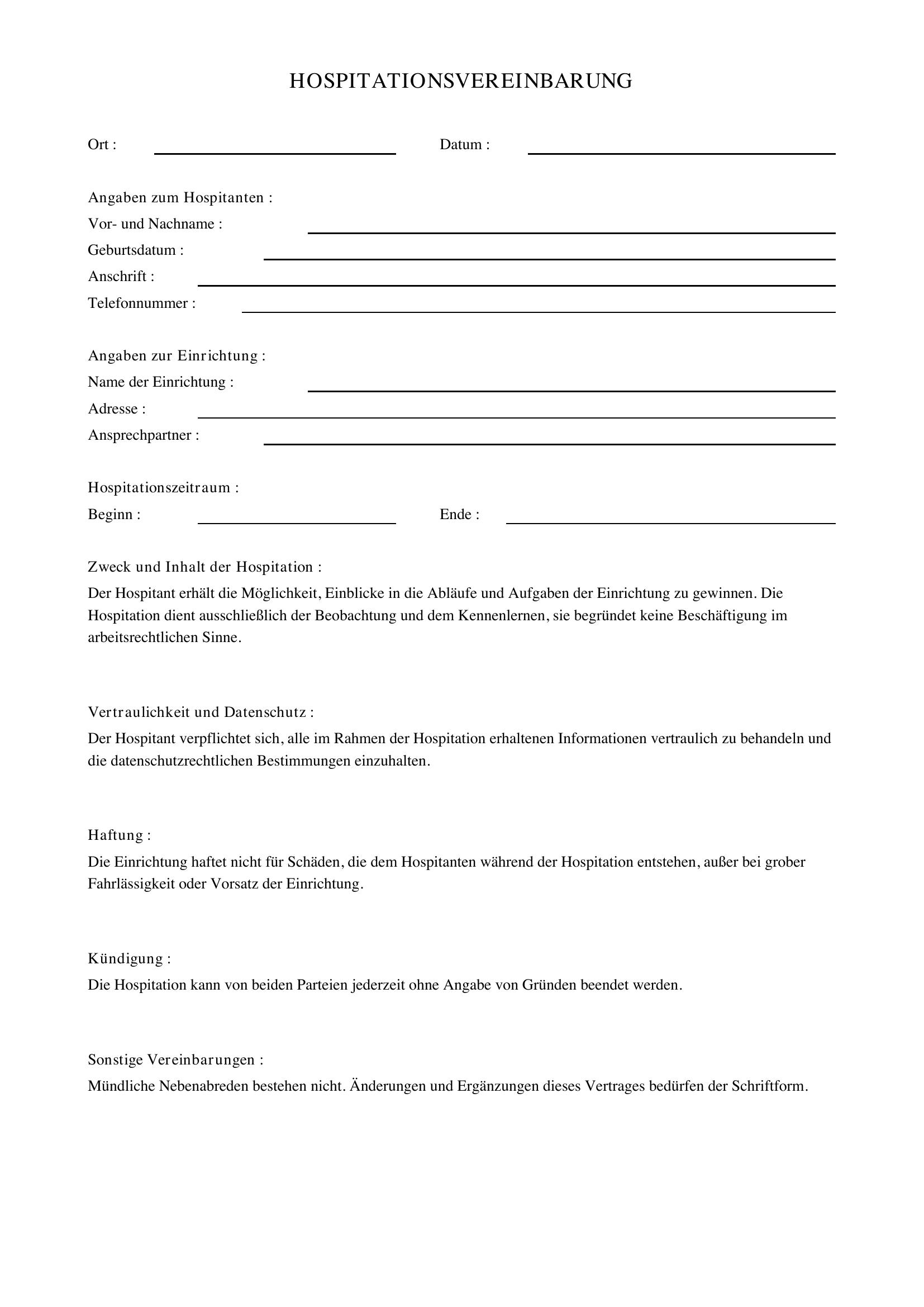 Hospitationsvertrag Muster