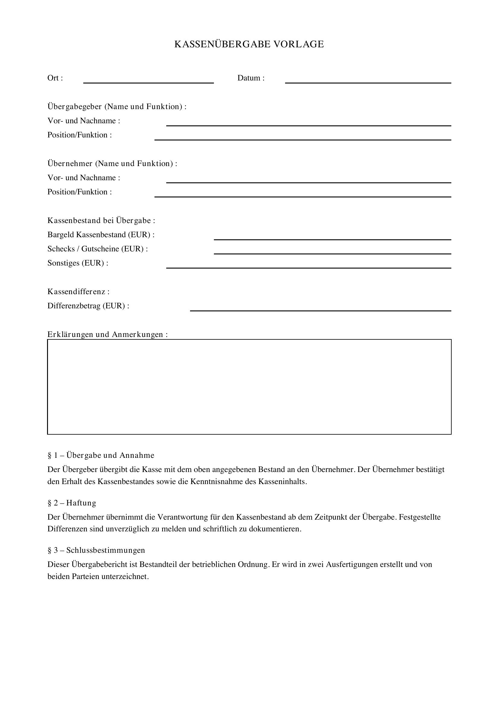 Kassenübergabe Vorlage
