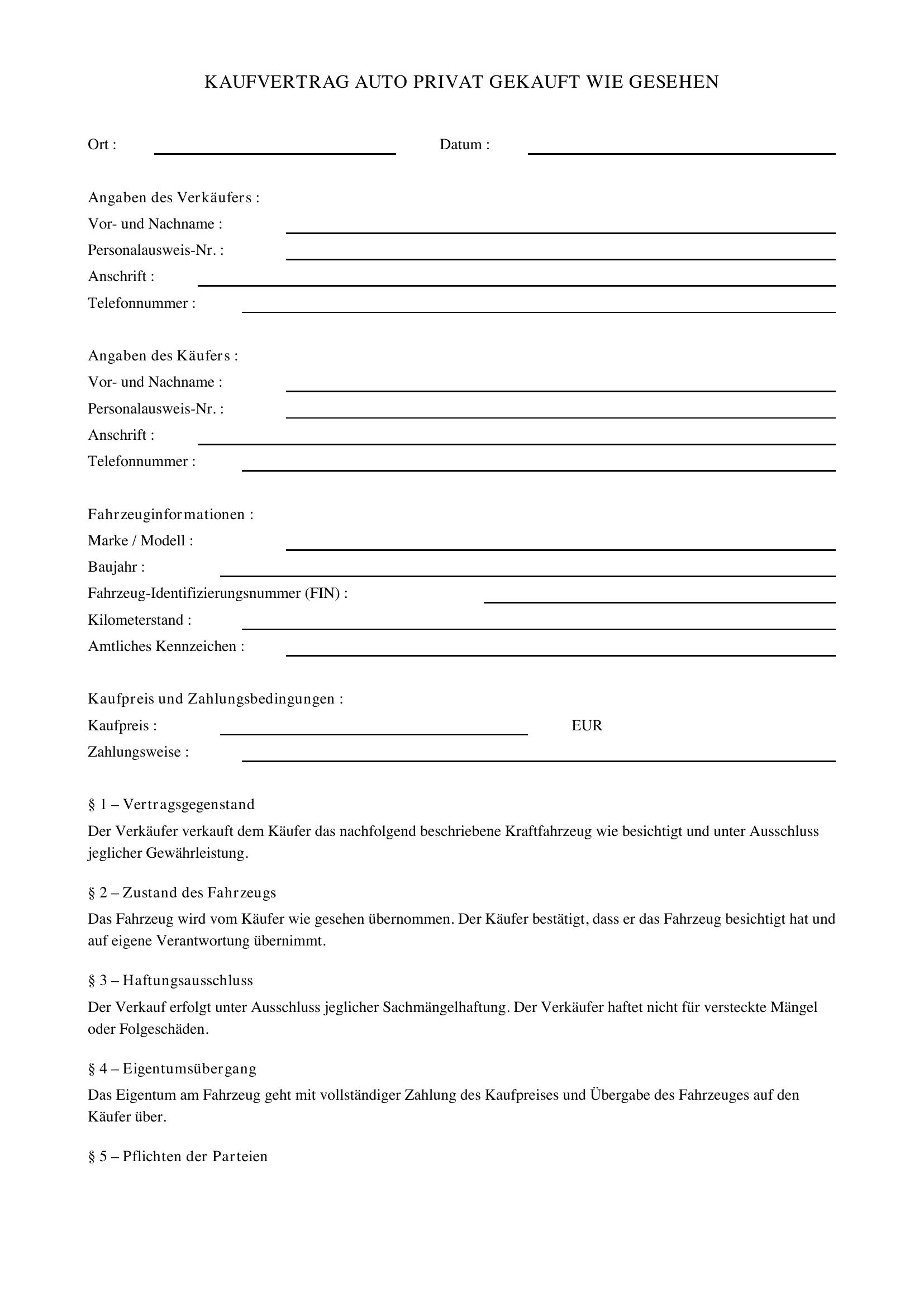Kaufvertrag Auto Privat Gekauft Wie Gesehen
