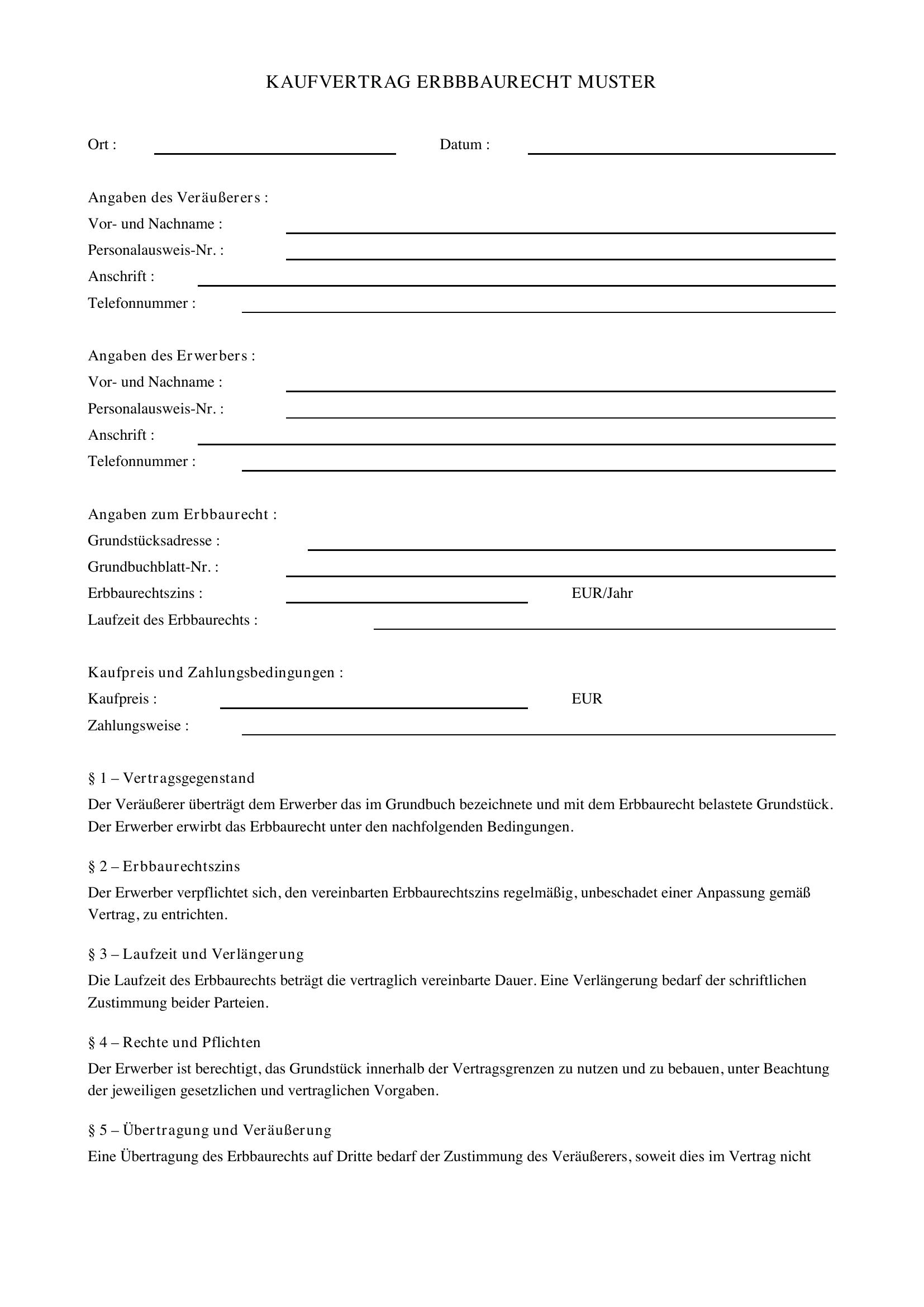 Kaufvertrag Erbbaurecht Muster