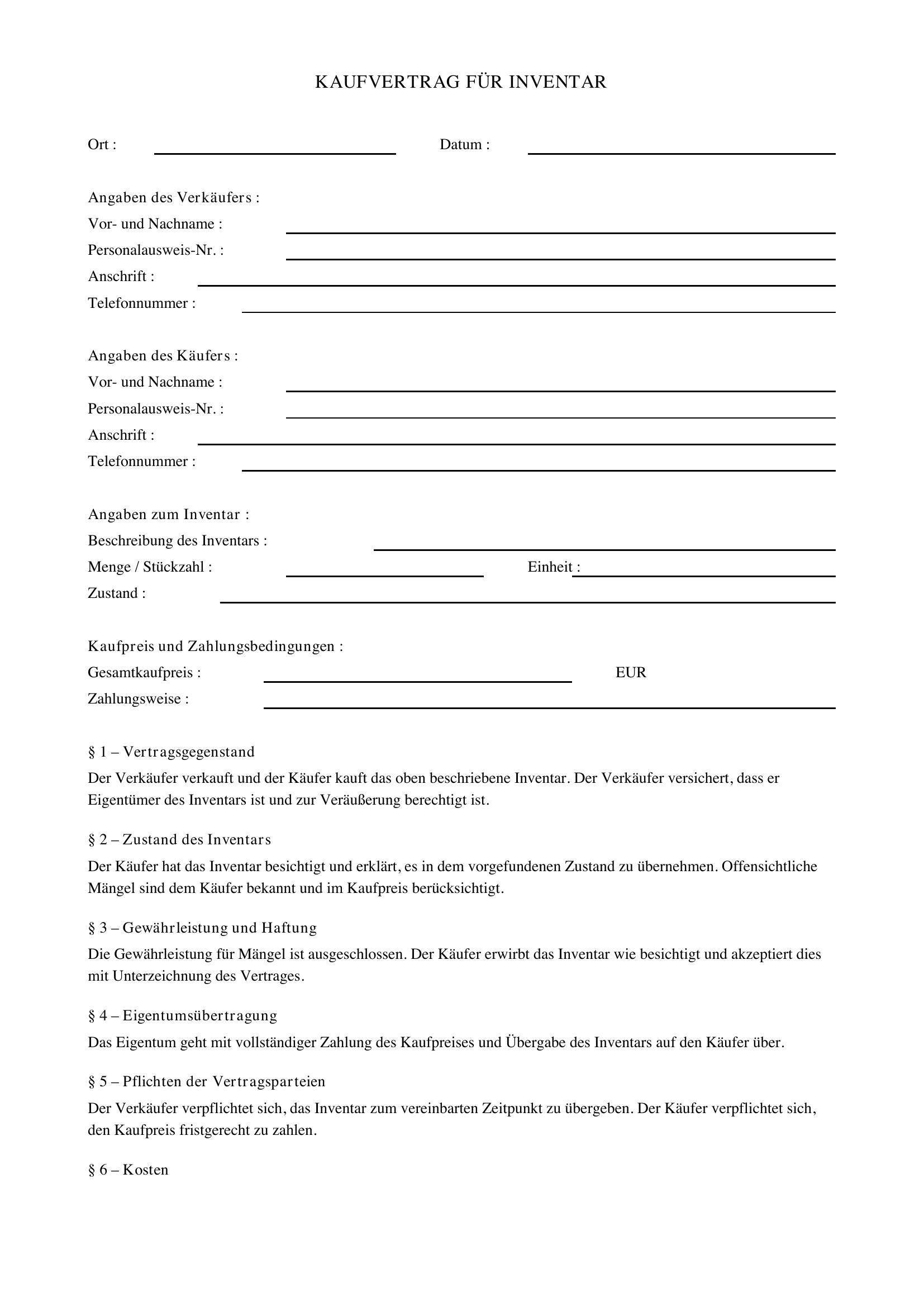 Kaufvertrag Inventar