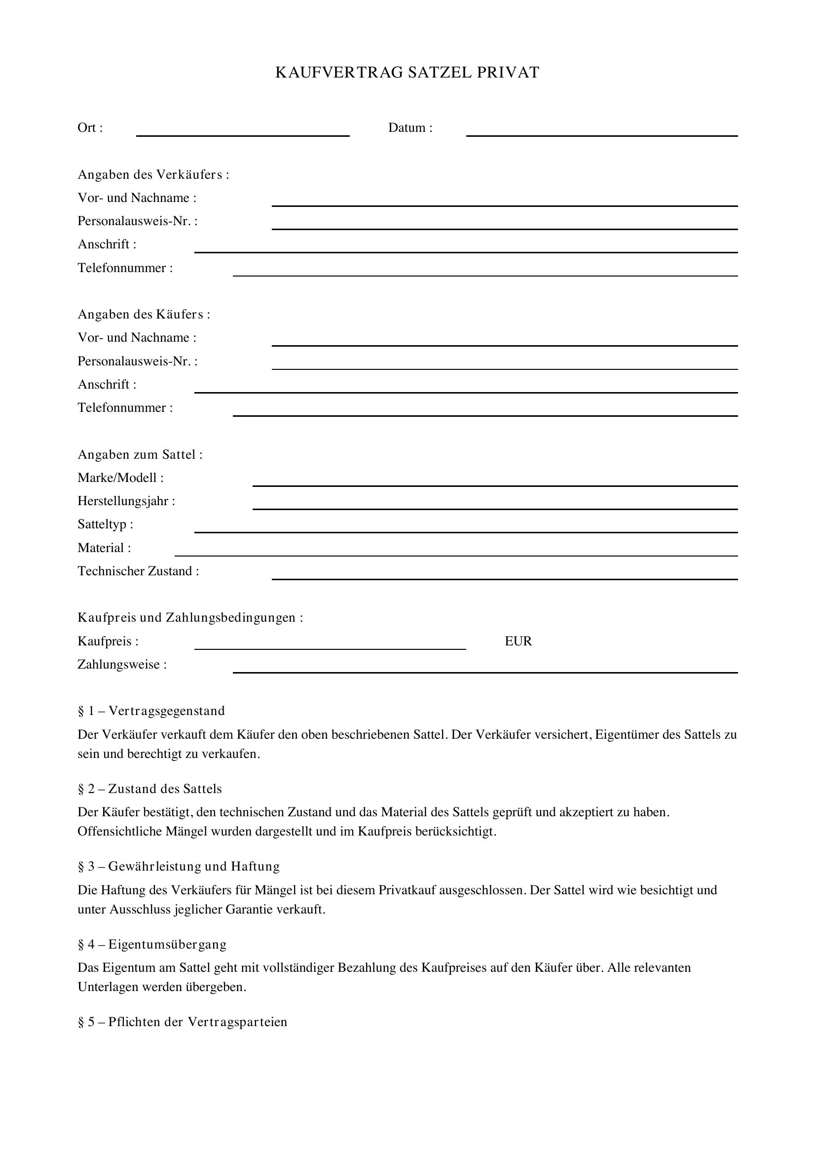 Kaufvertrag Sattel Privat