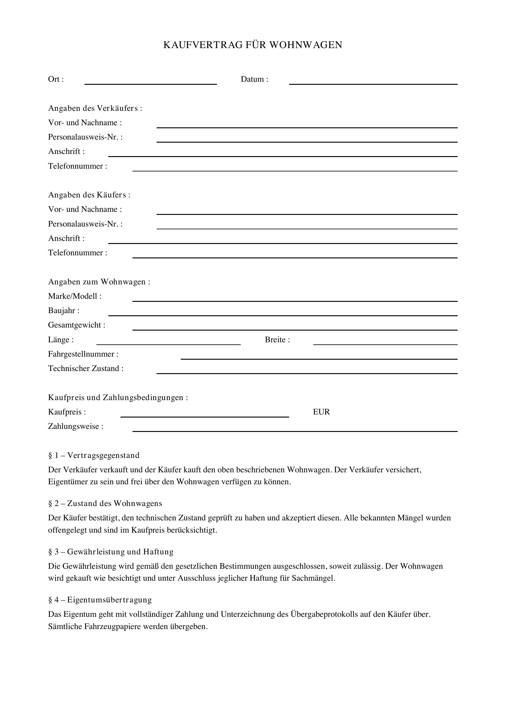 Kaufvertrag Wohnwagen Österreich