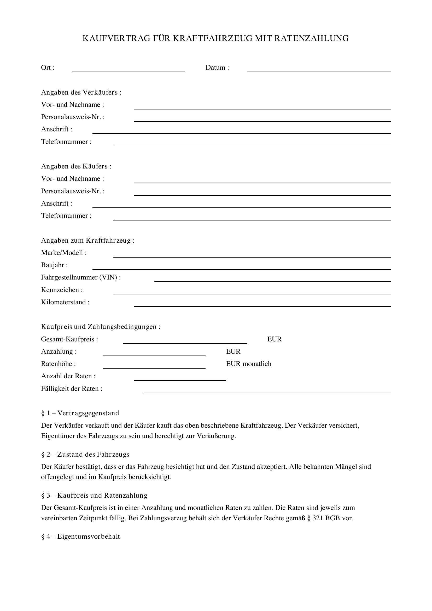 Kfz-Kaufvertrag Mit Ratenzahlung