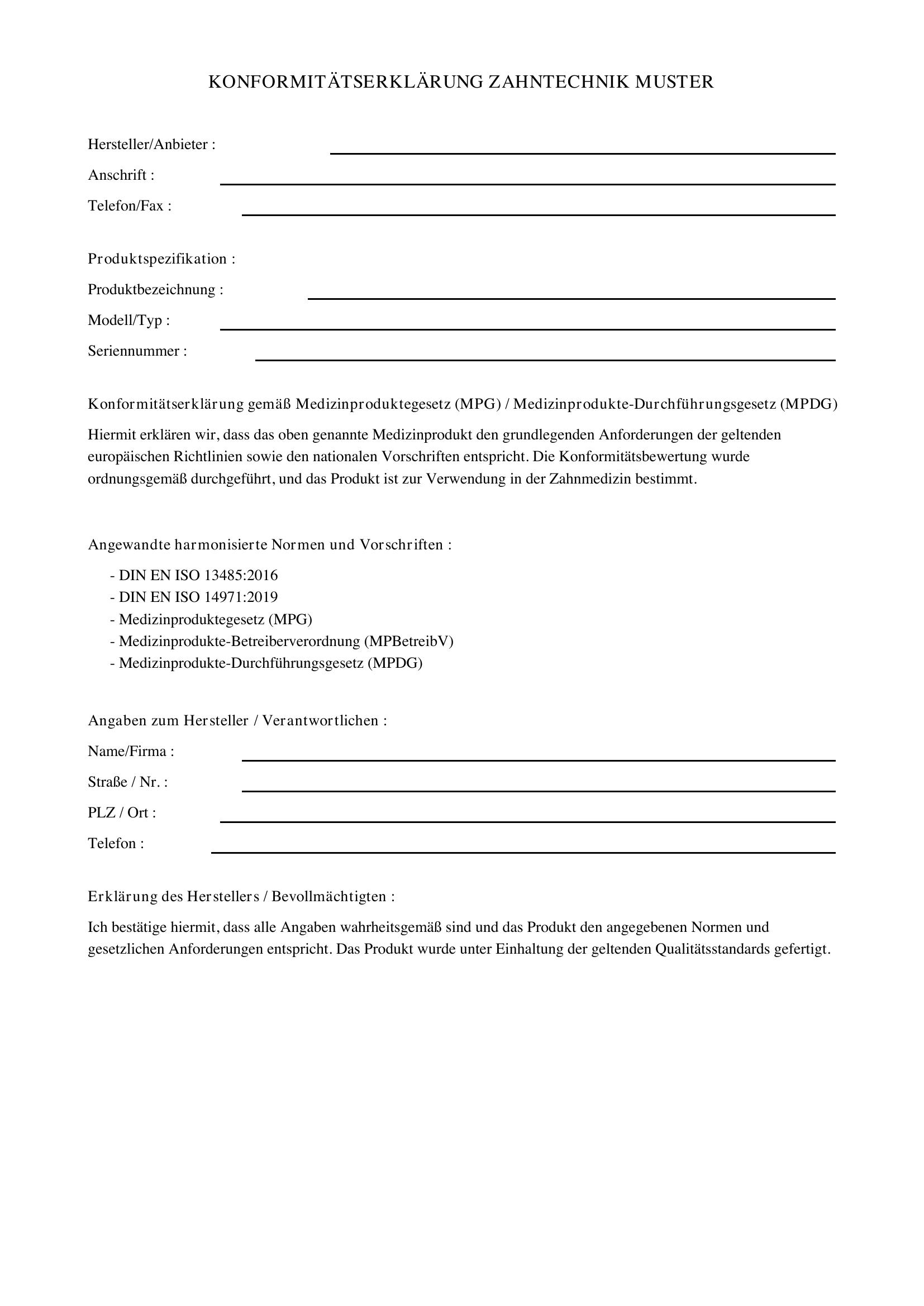 Konformitätserklärung Zahntechnik Muster