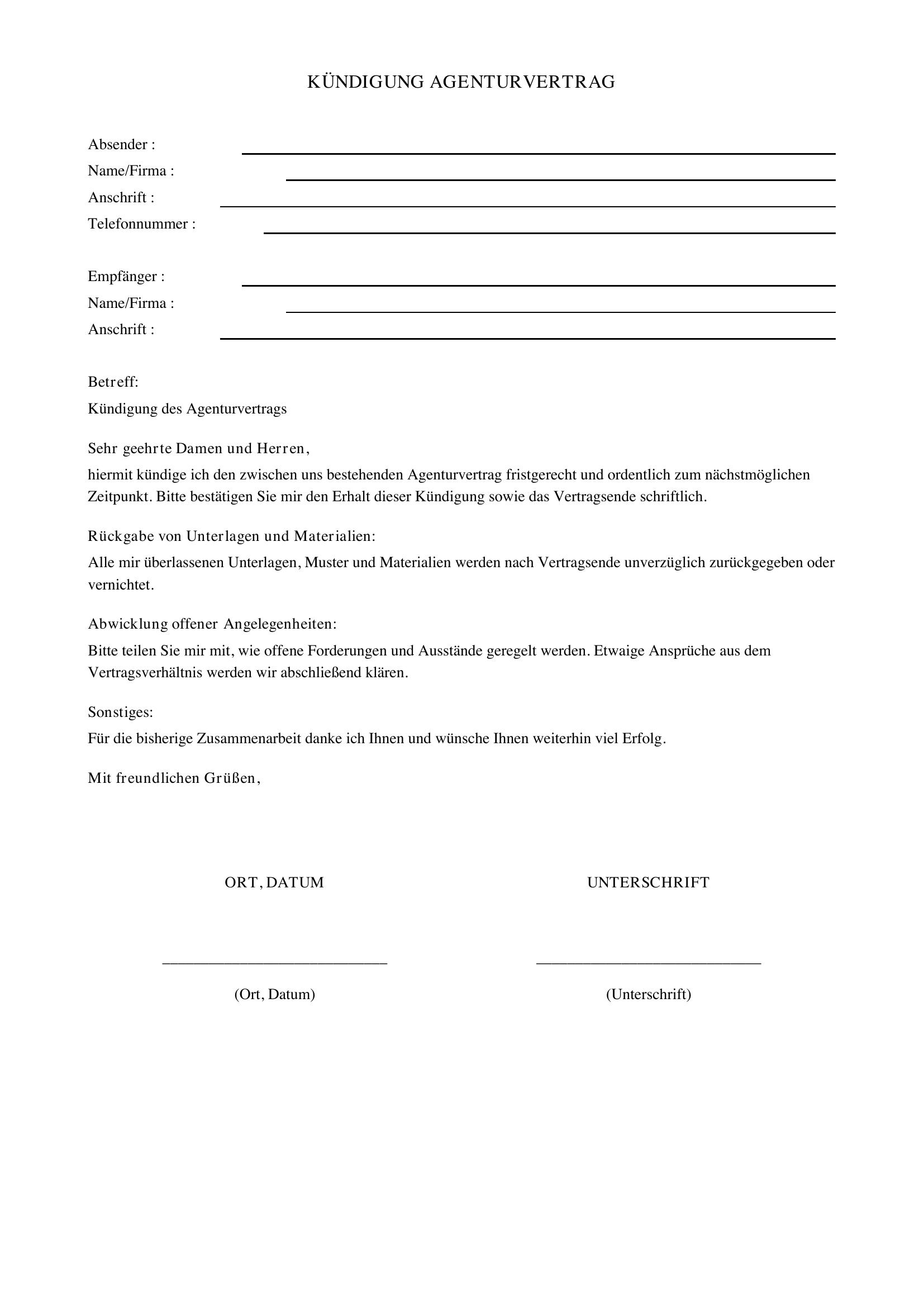Kündigung Agenturvertrag Vorlage