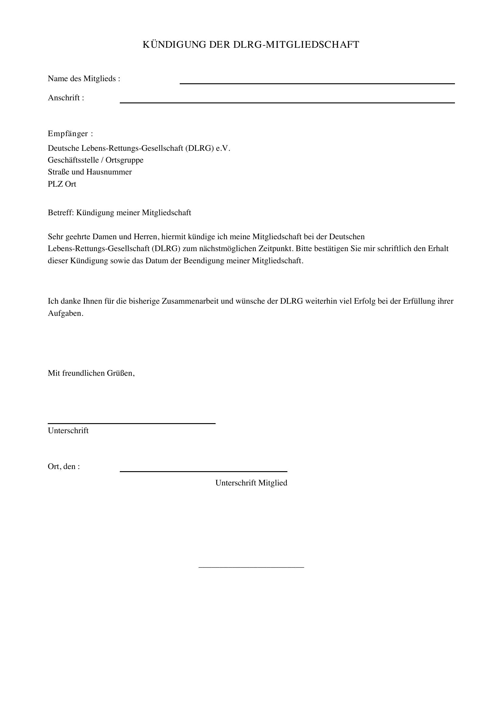 Kündigung Dlrg-Mitgliedschaft Vorlage